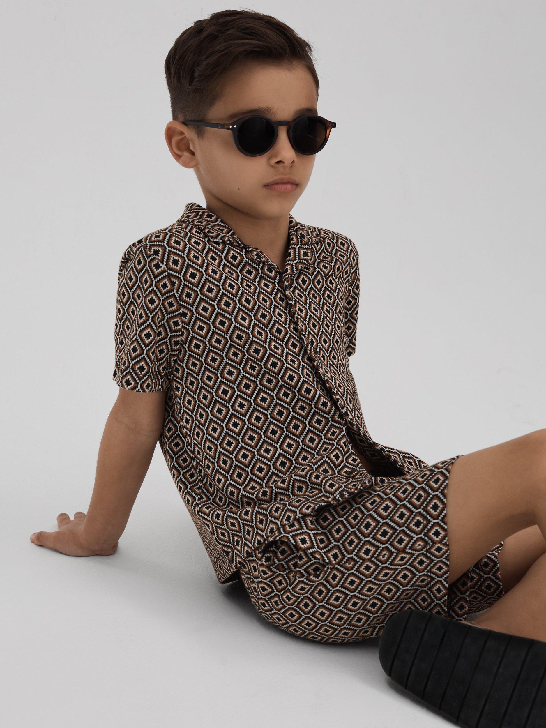 Reiss Kids' Grove Abstract Print Shirt, Tobacco/Multi