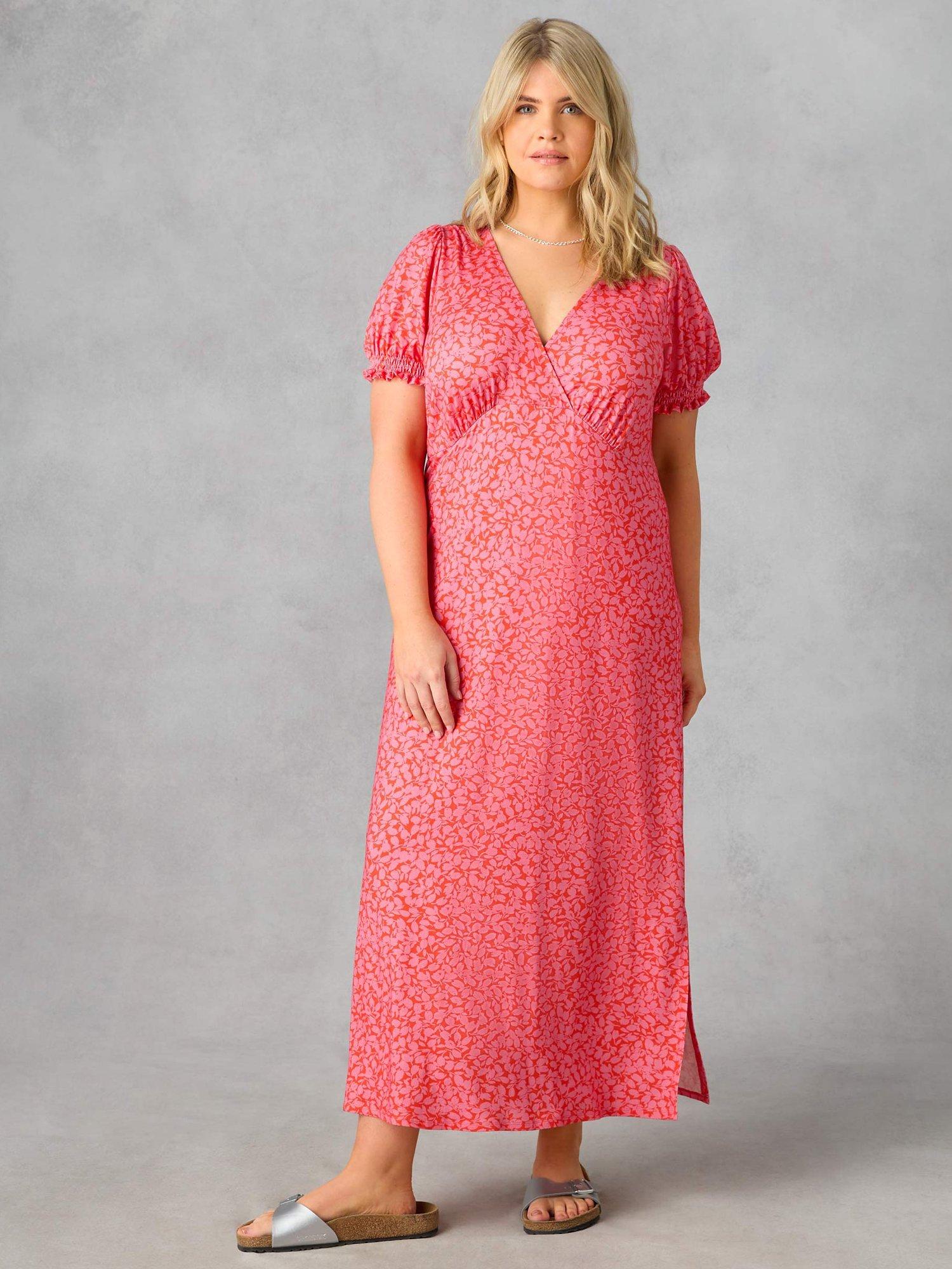 Live Unlimited Curve Leaf Print Midi Jersey Dress, Pink/Orange
