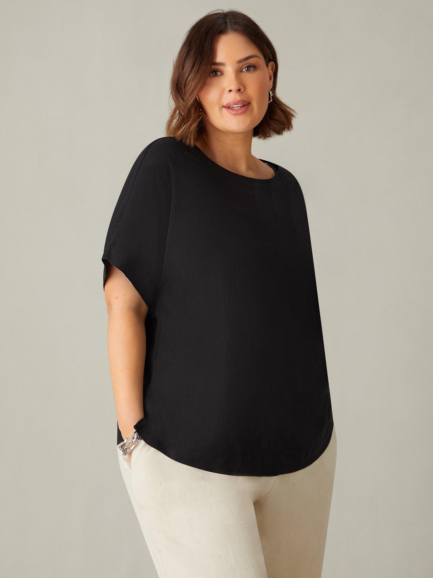 Live Unlimited Curve Linen Mix Round Neck Top, Black