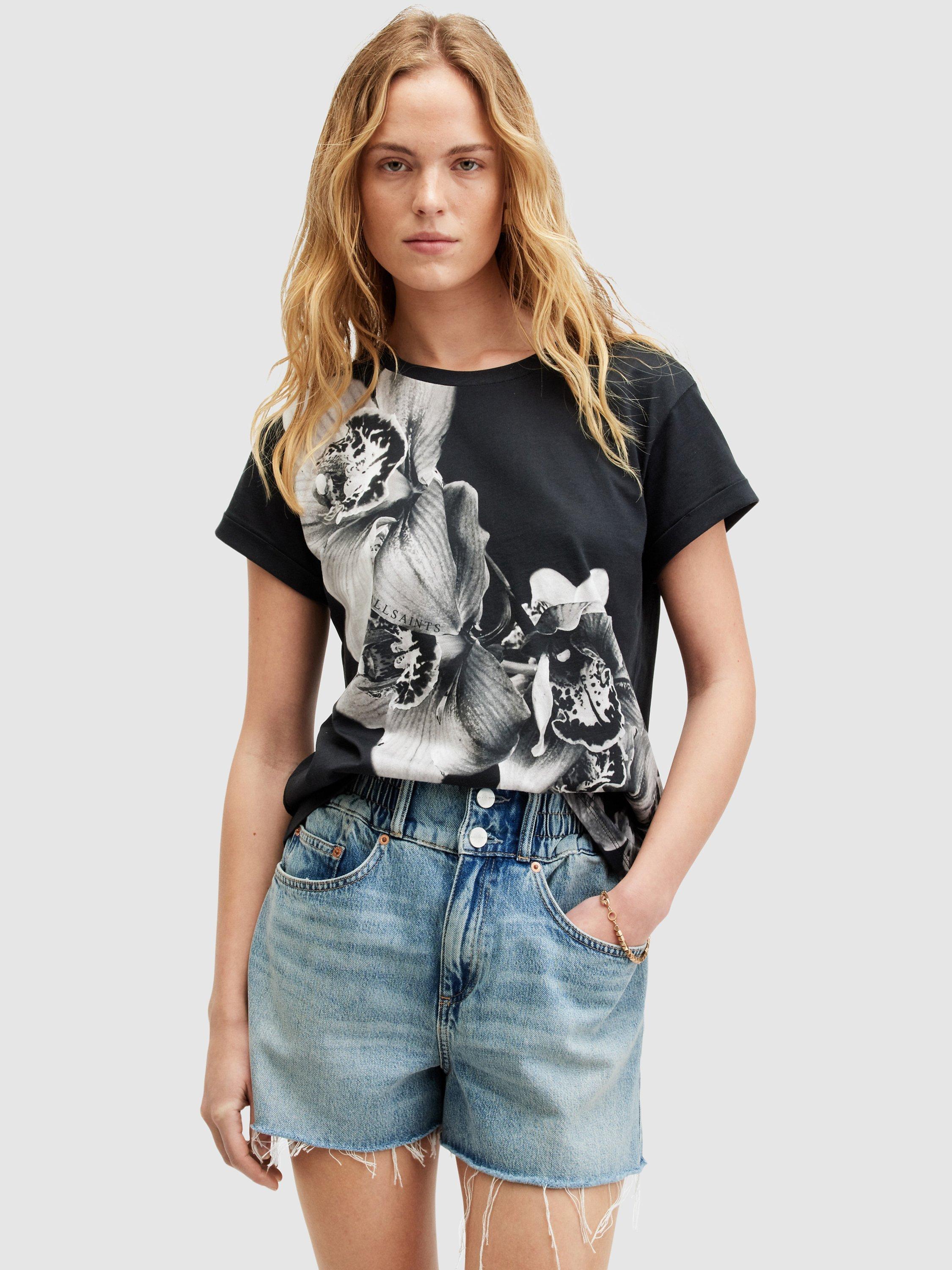 AllSaints Eulo Anna Orchid Print T-Shirt, Black/White
