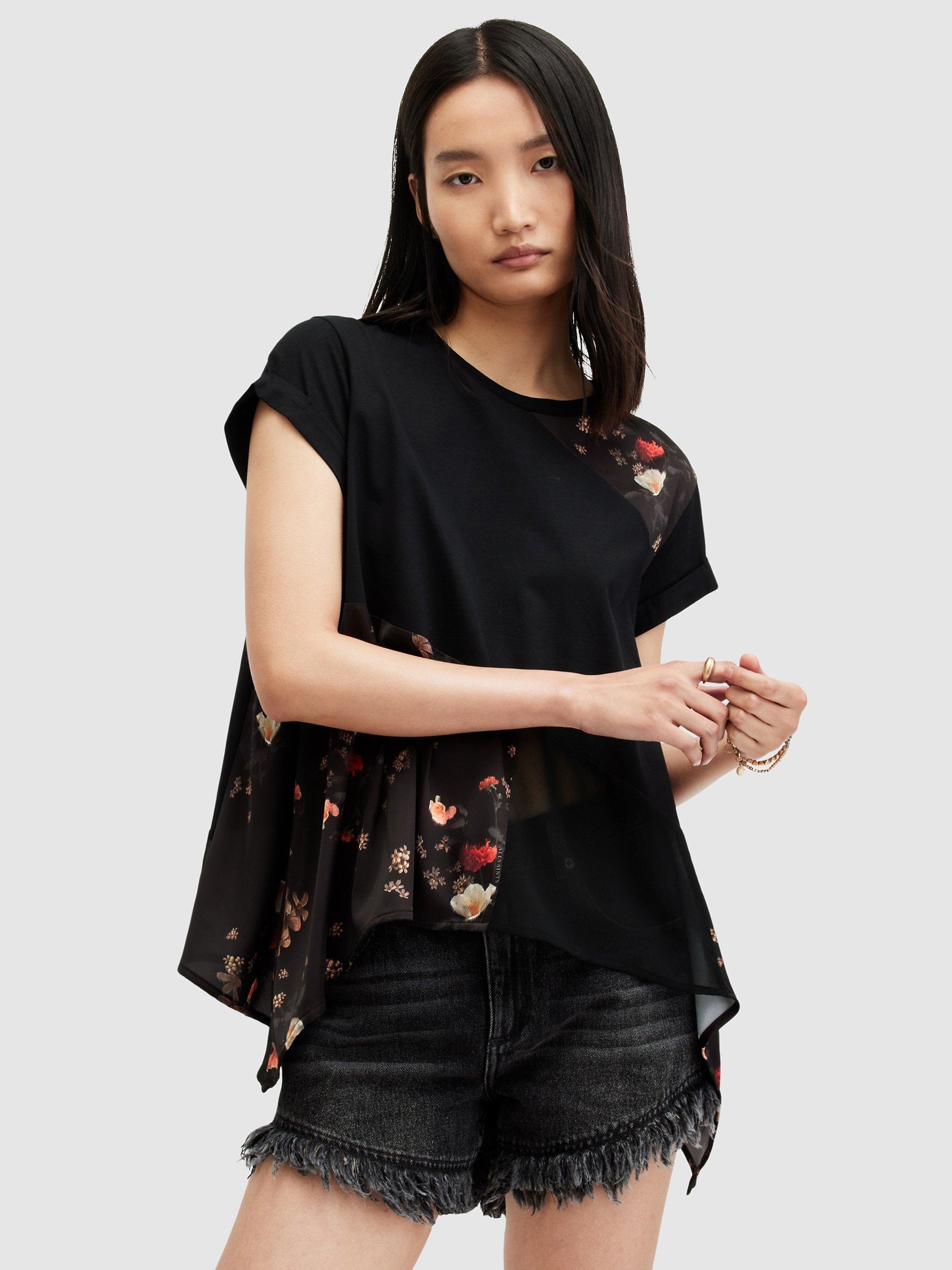 AllSaints Zala Iona Asymmetric Hem Floral Cotton Top, Black