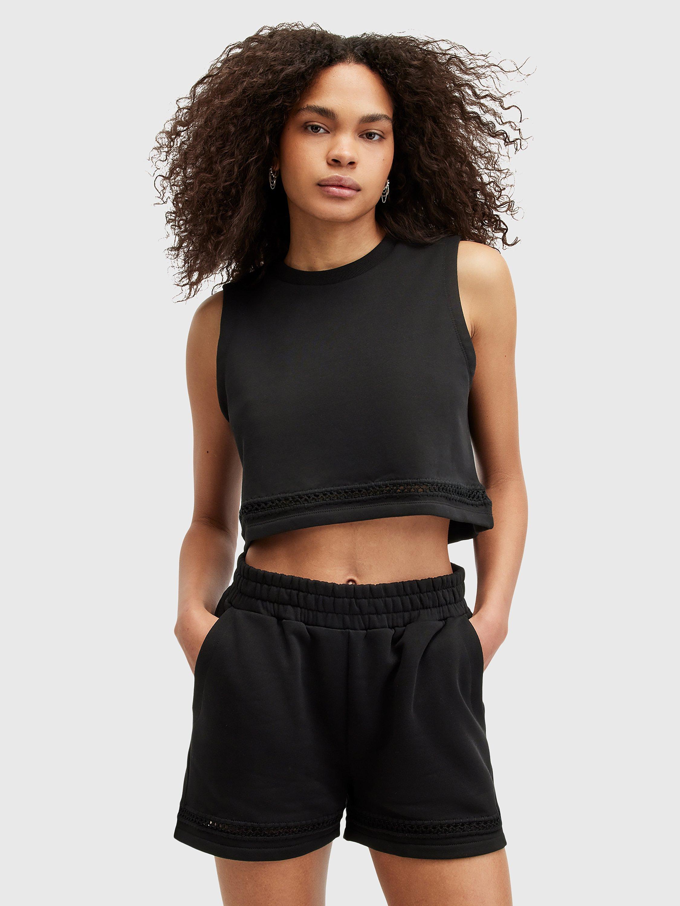 AllSaints Ewelina Lila Crochet Insert Cropped Top, Black