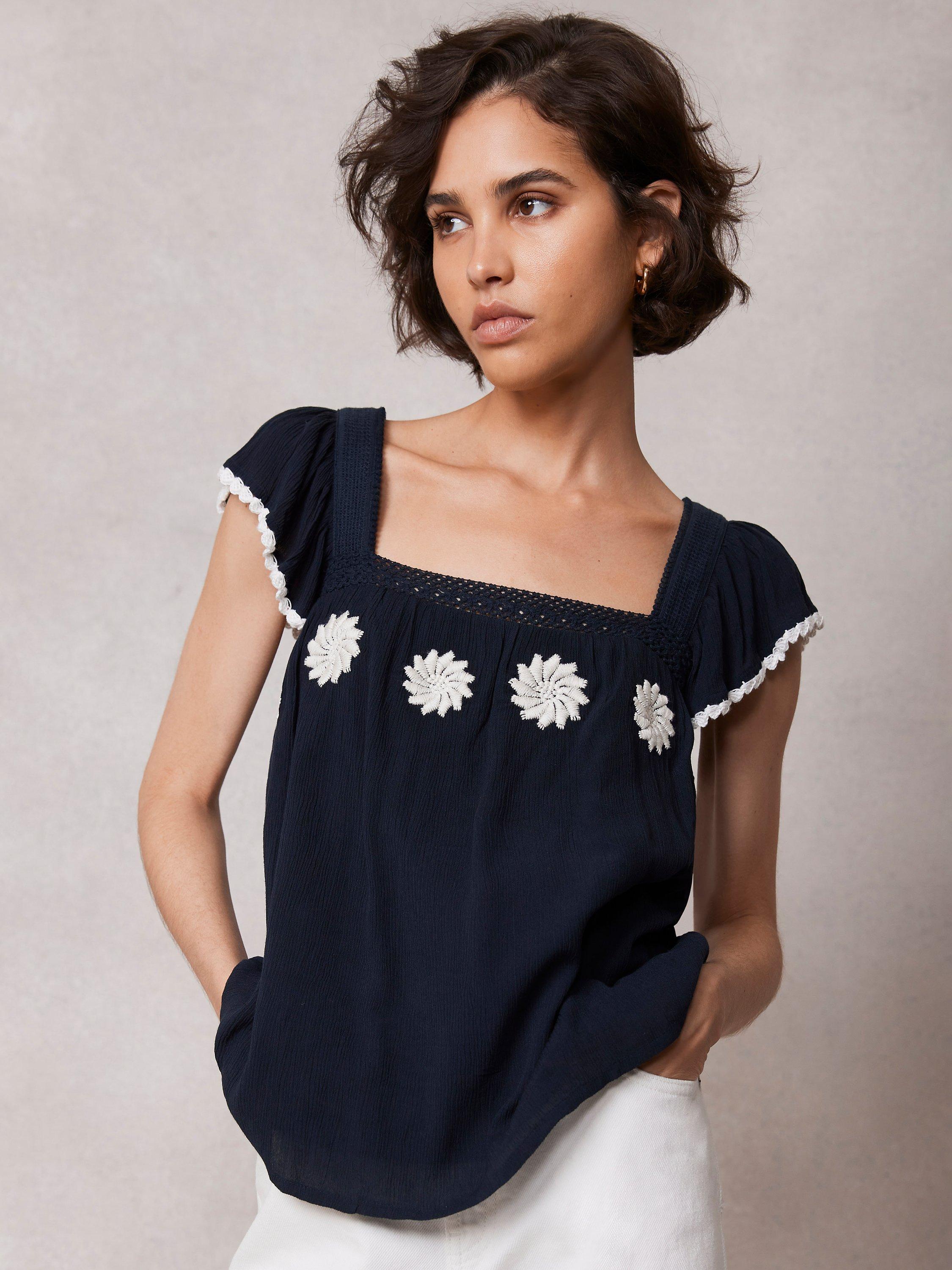 Mint Velvet Floral Embroidered Top, Navy