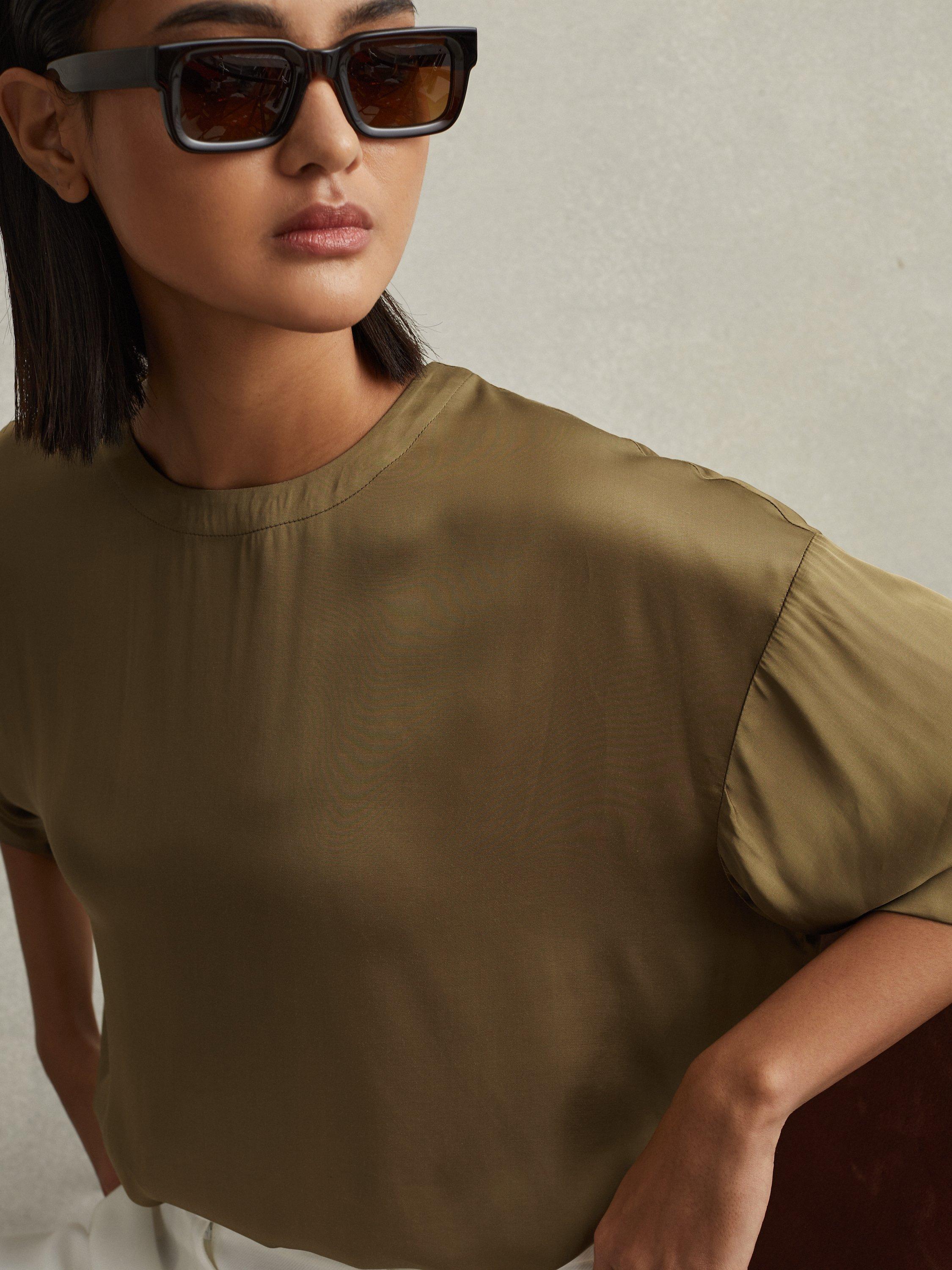 Reiss Anya Relaxed Satin Blouse, Khaki