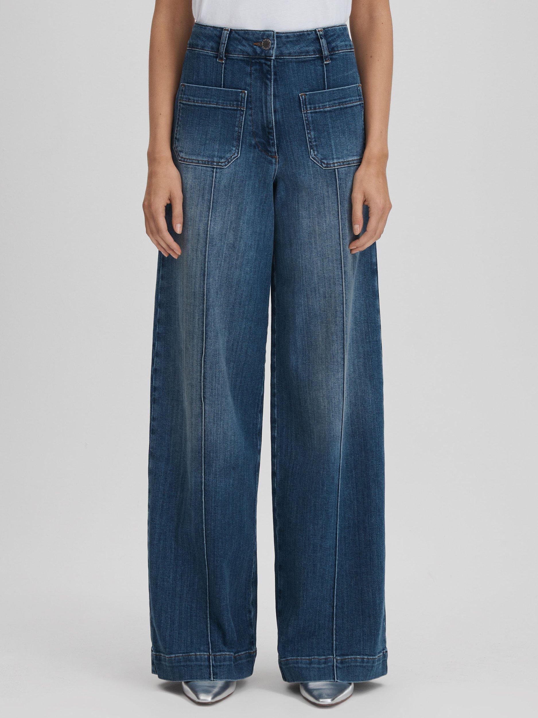Reiss Kira Wide Leg Seam Detail Jeans, Mid Blue