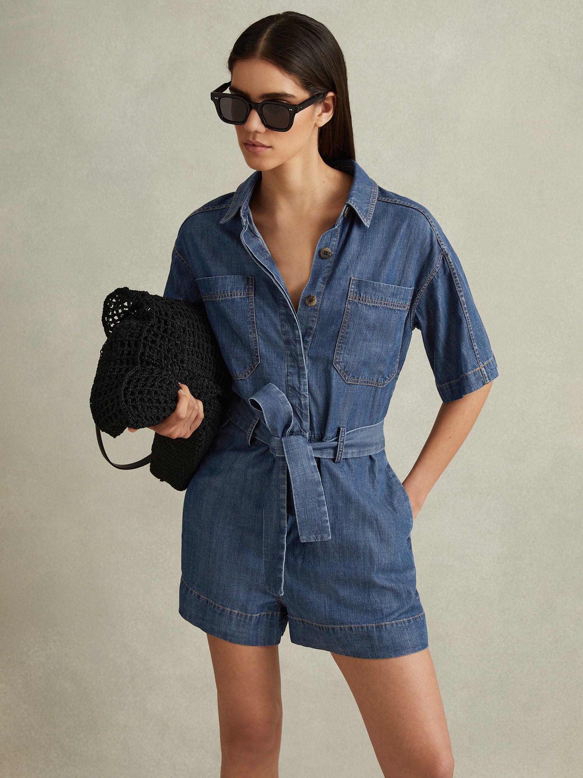 Reiss Seren Denim Playsuit, Indigo