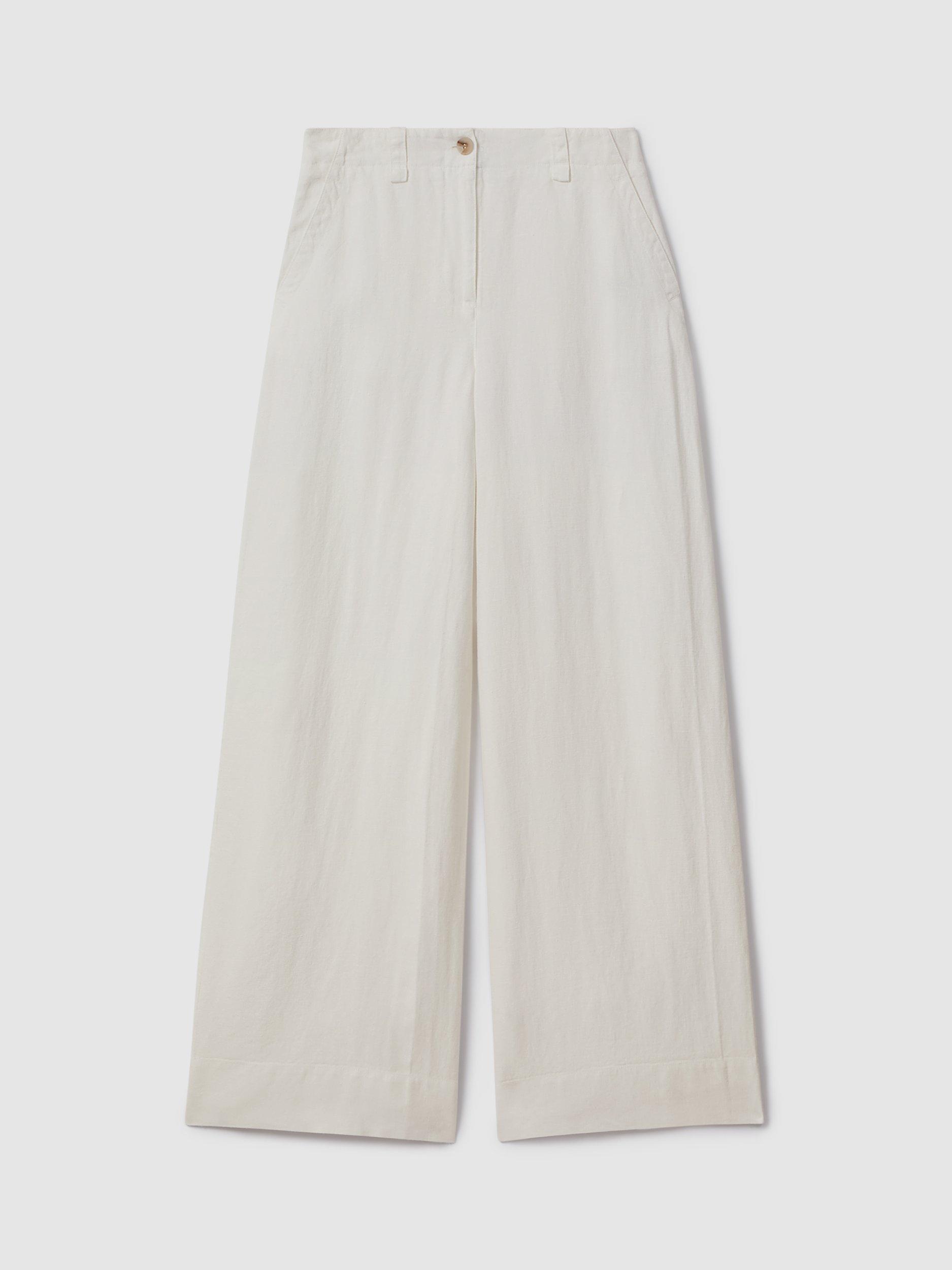 Product image 5 of 5, which shows Reiss Demi Garment Dye Linen Wide Leg Trousers, White, 4R