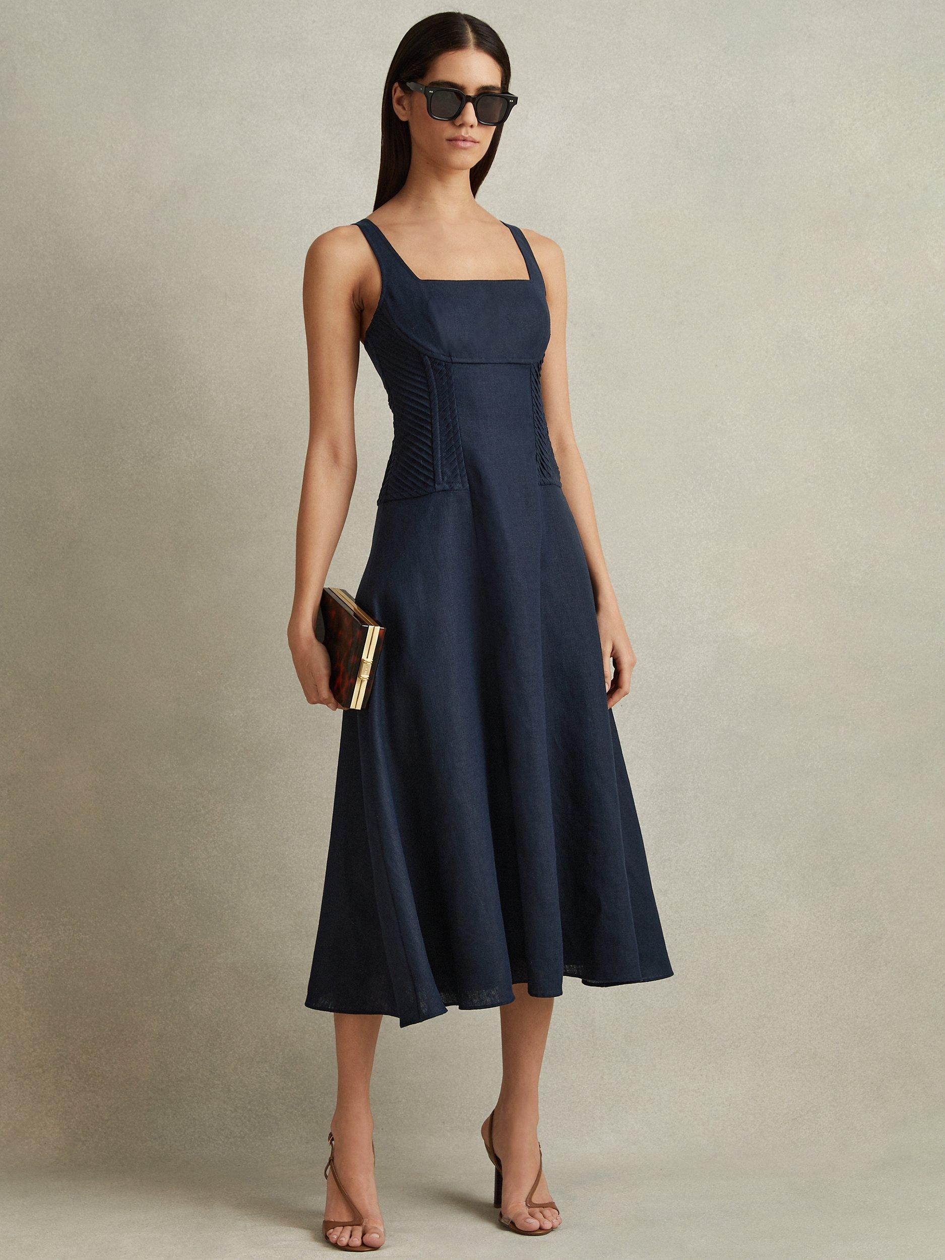 Reiss Etta Linen Corset Detail Midi Dress, Navy