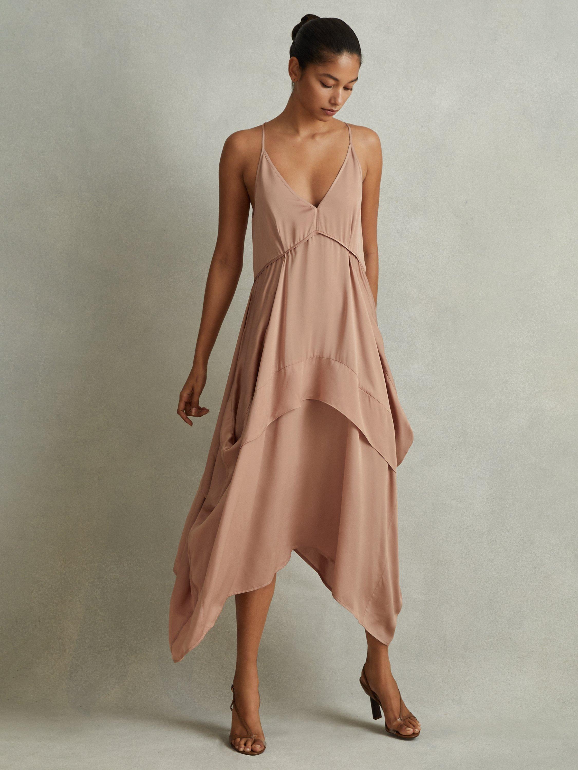 Reiss Demi Draped Asymmetric Midi Dress, Nude