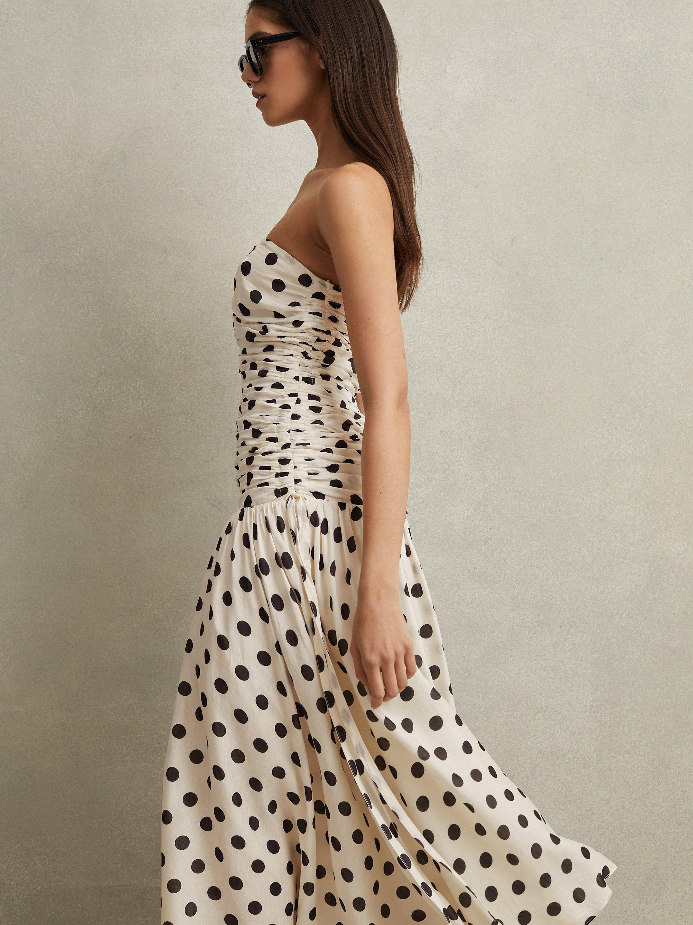 Reiss Rue Ruched Polka Dot Maxi Dress, White/Black