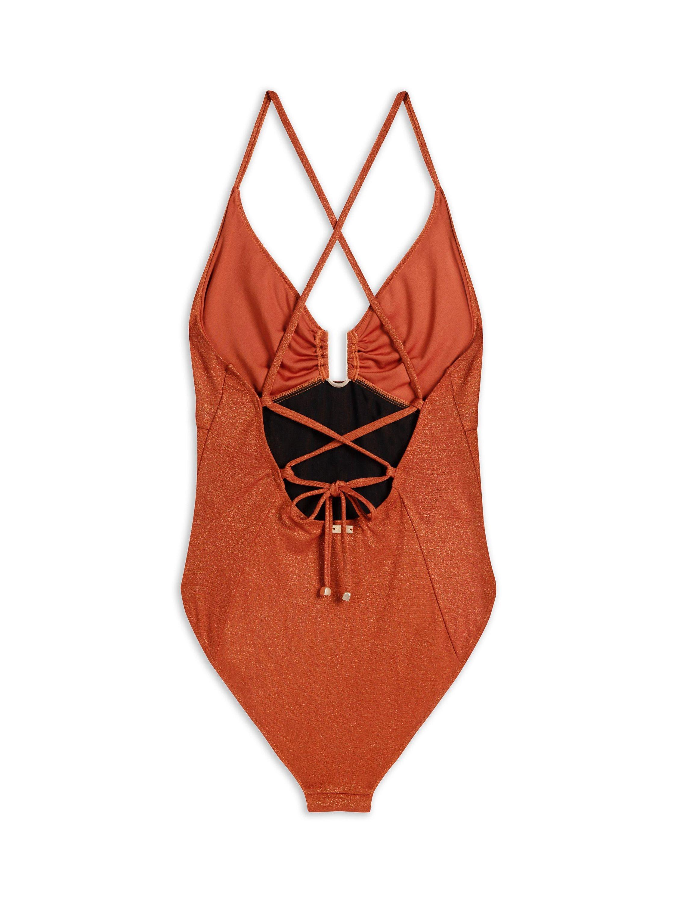 Product image 5 of 5, which shows Chelsea Peers Metallic Lace Up Back Swimsuit, Bronze, 6