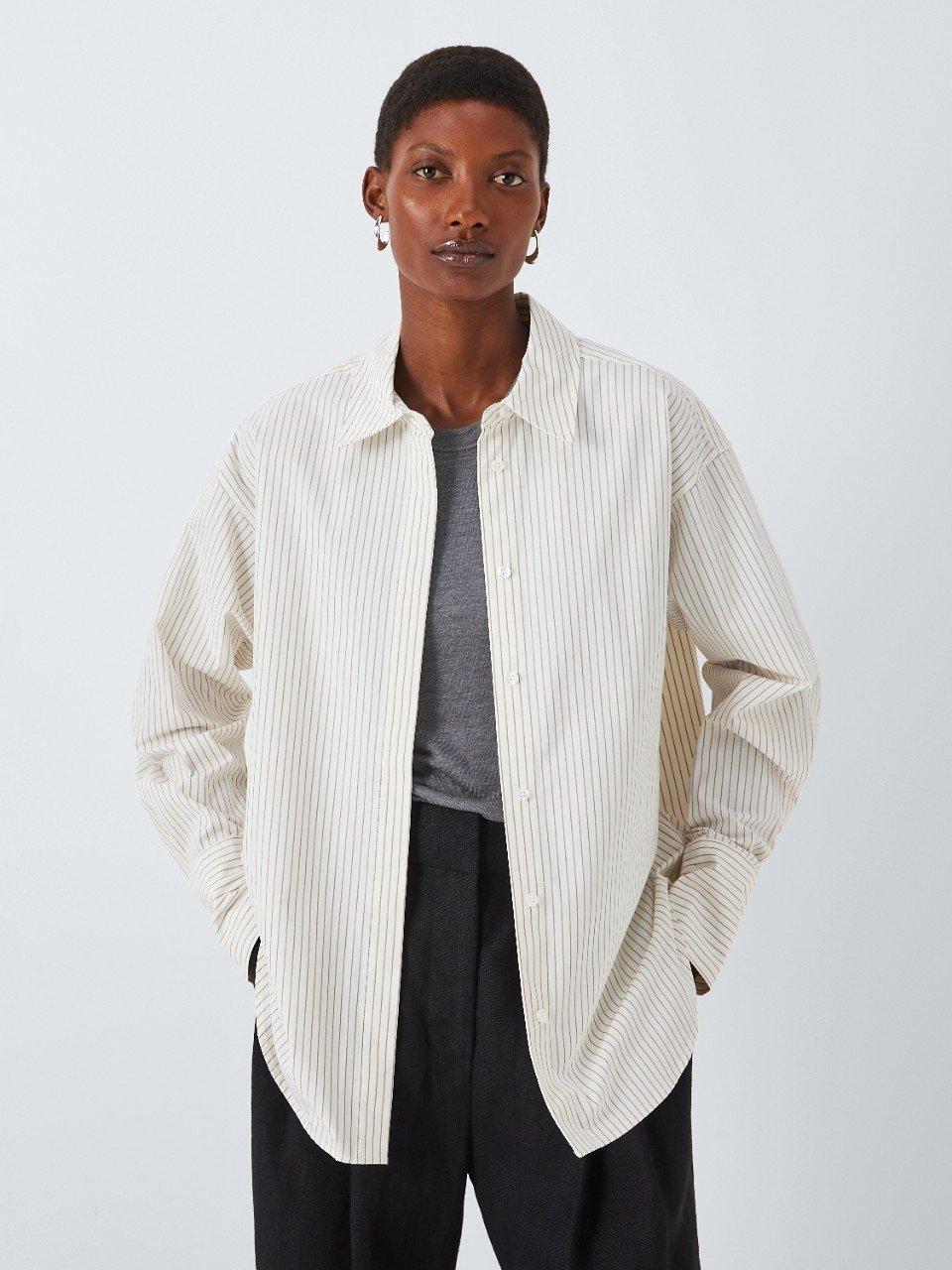 Good American Pencil Stripe Cotton Poplin Shirt, Putty