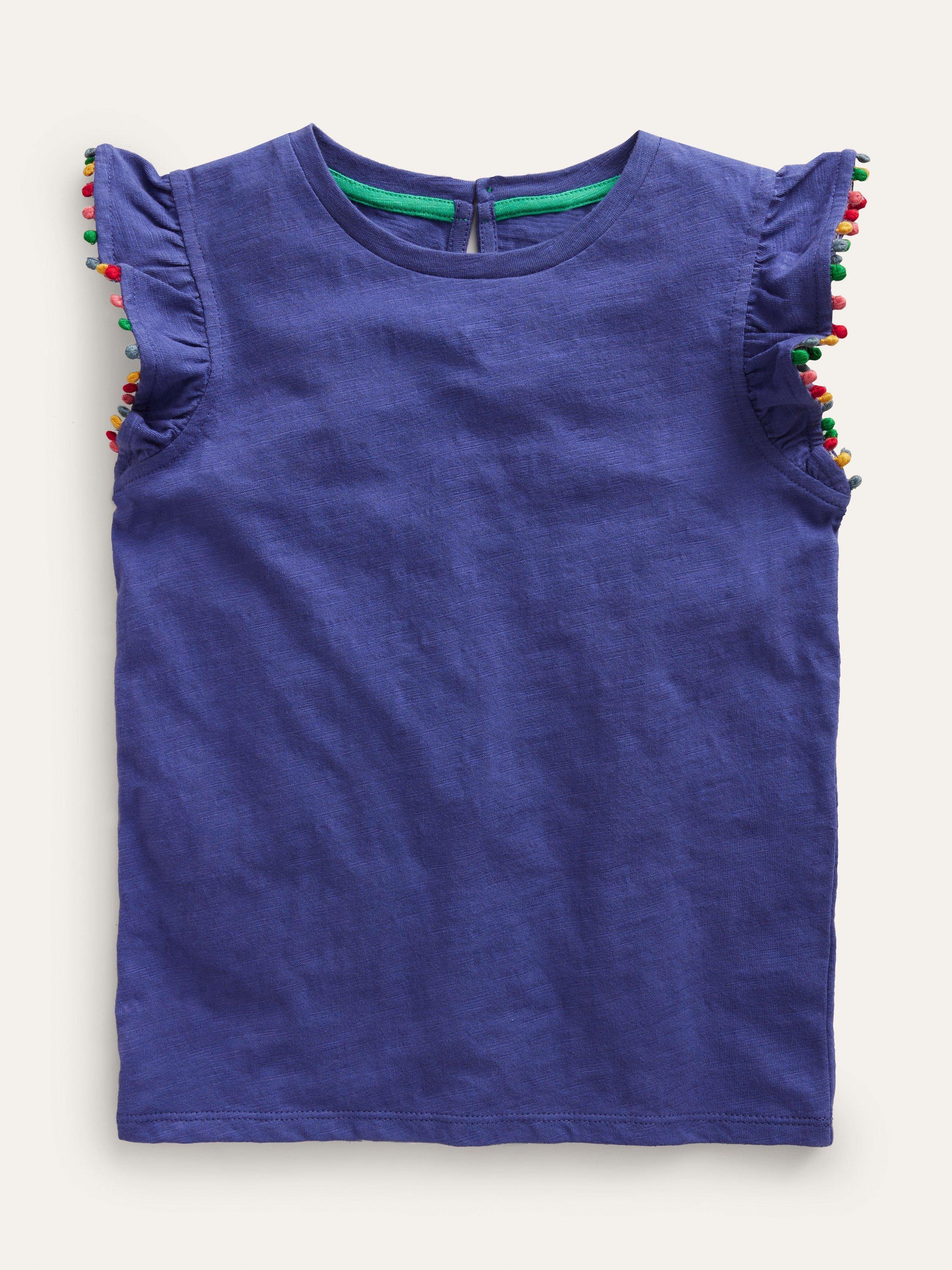 Mini Boden Kids' Pom Pom Trim T-Shirt, Soft Starboard