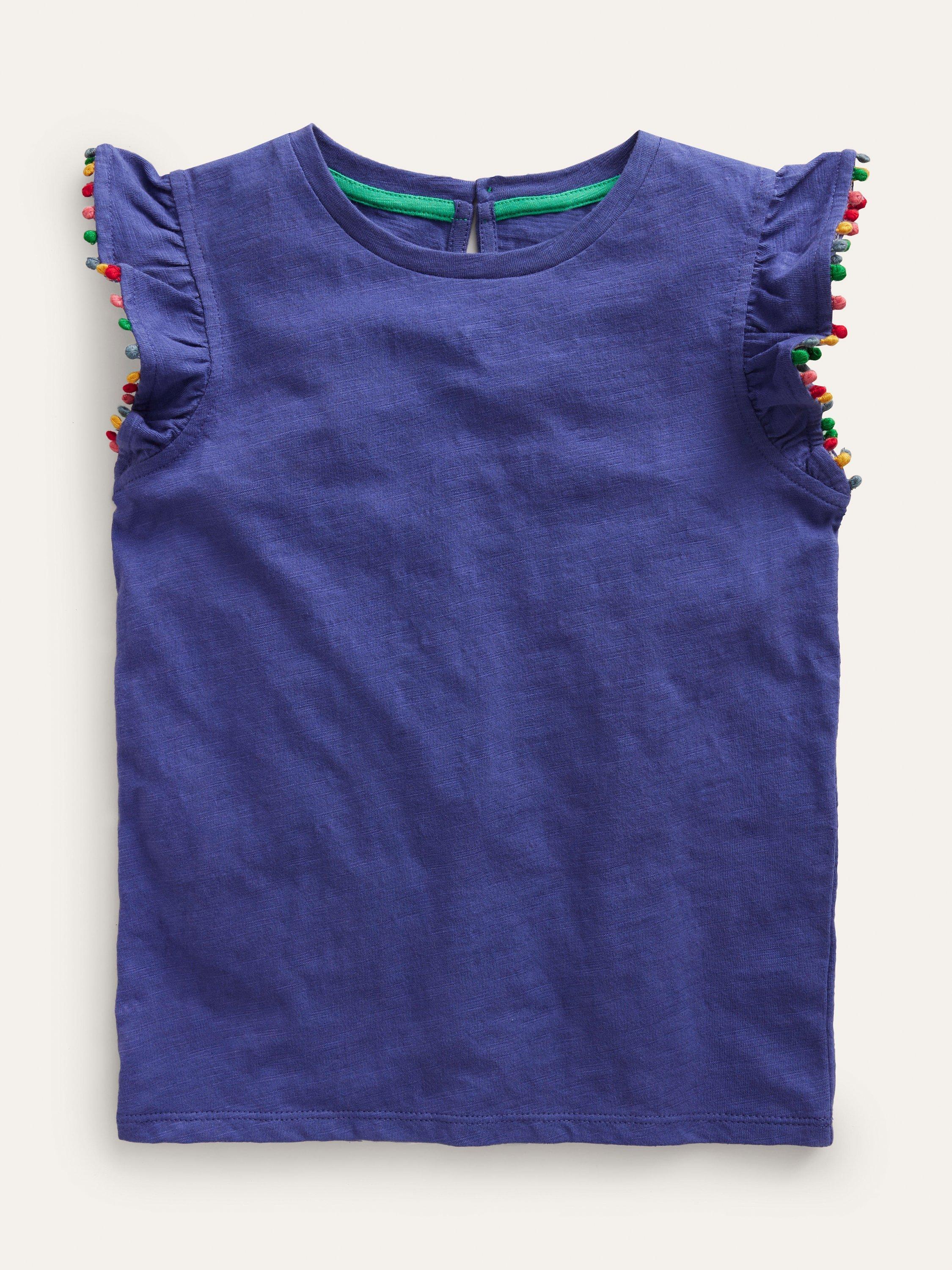 Mini Boden Kids' Pom Pom Trim T-Shirt, Soft Starboard, 4-5 years