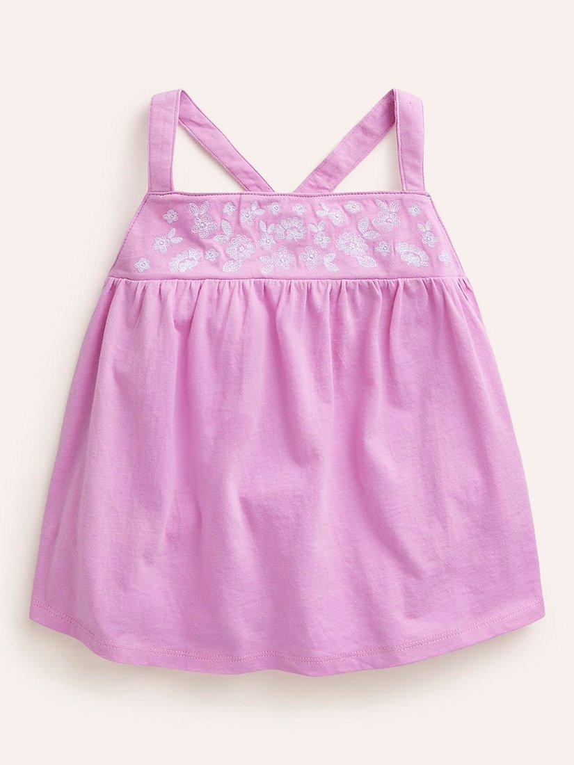 Mini Boden Kids' Floral Embroidered Cross Back Jersey Vest Top, Cosmos Pink