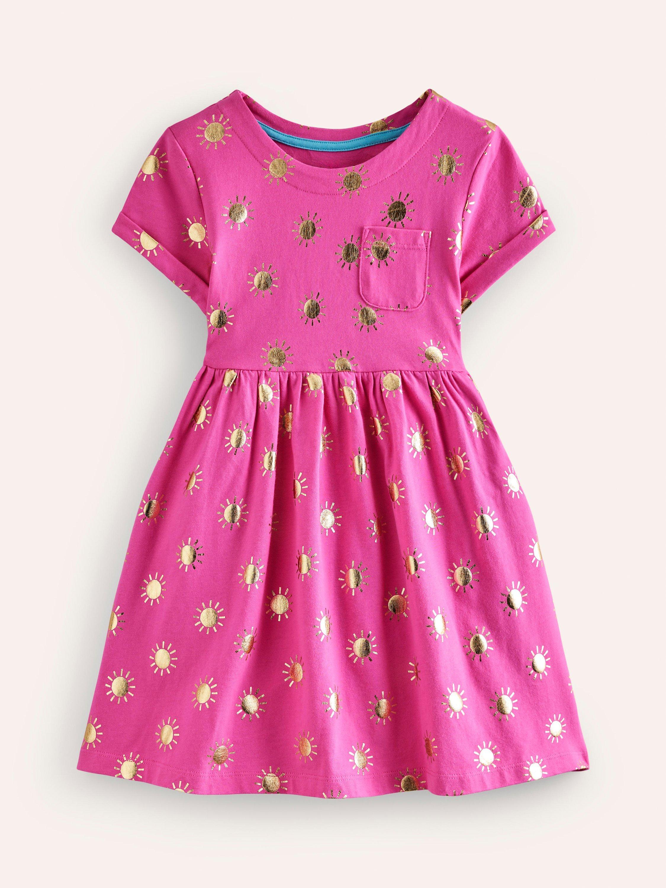 Mini Boden Kids' Suns Short Sleeve Jersey Dress, Pink/Gold