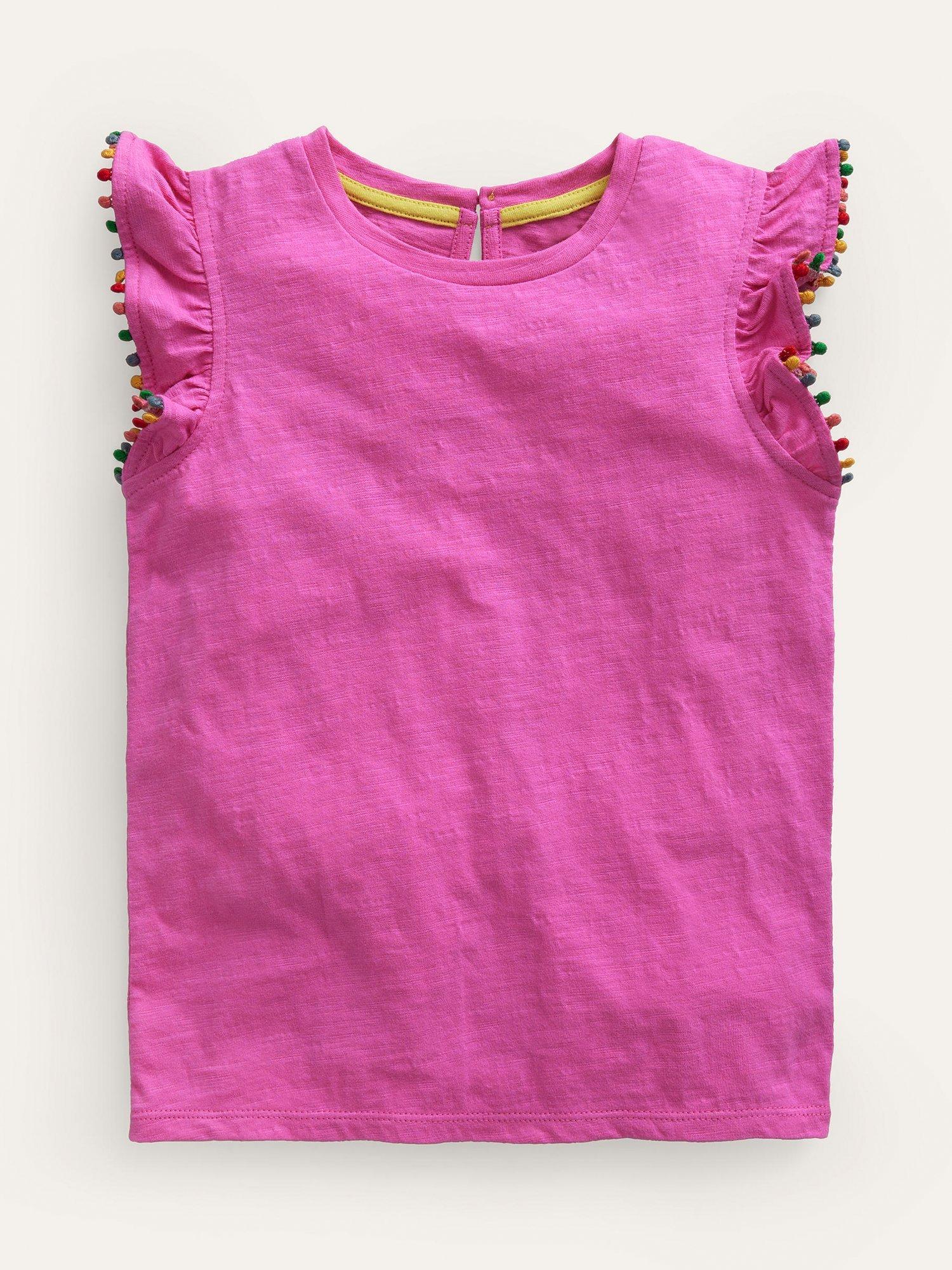 Mini Boden Kids' Pom Pom Trim T-Shirt, Strawberry Pink