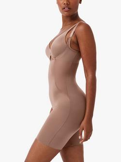 Spanx Shaping Satin Open Bust Mid Thigh Bodysuit - view 2, Café Au Lait