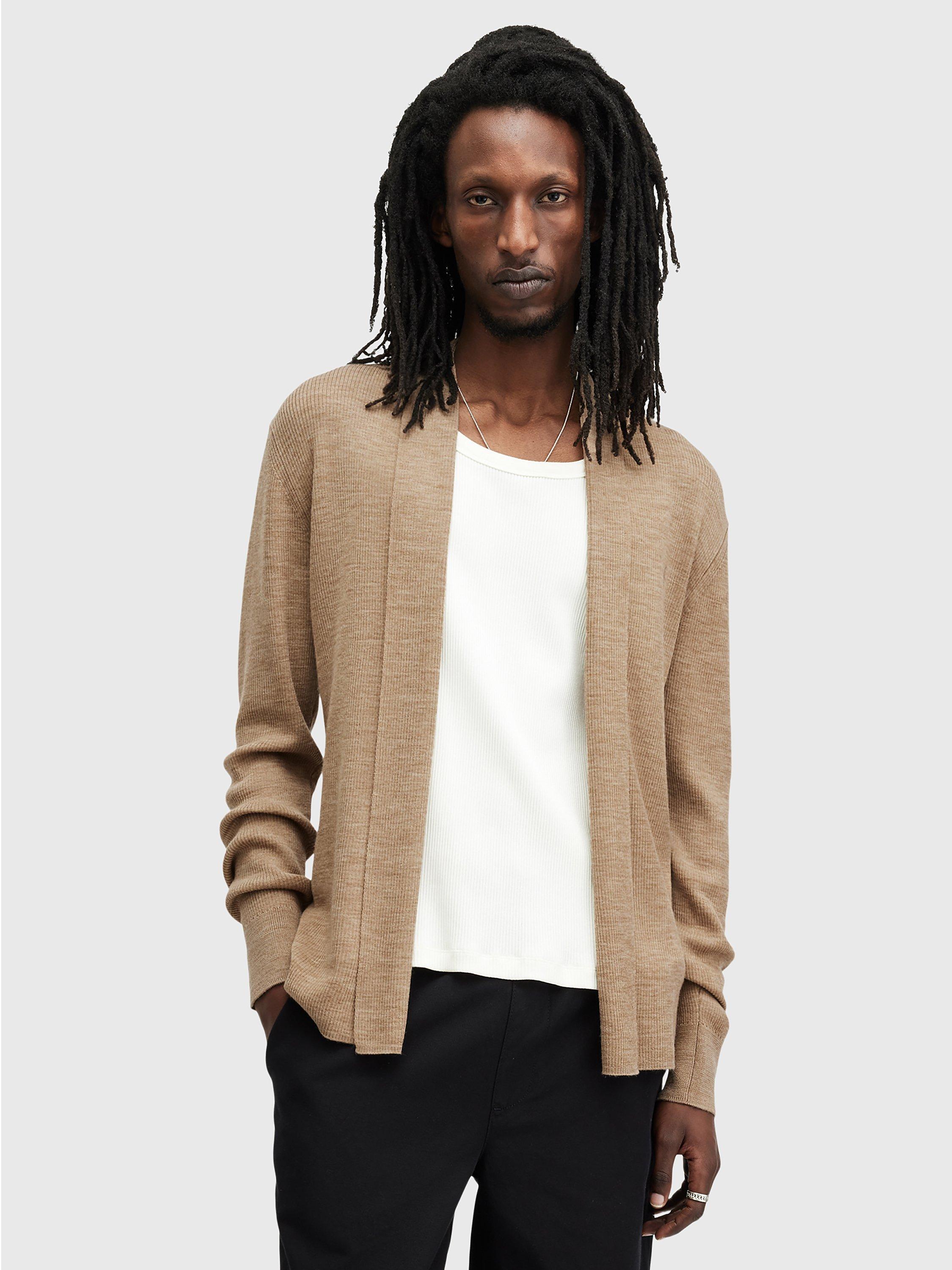 AllSaints Mode Merino Cardigan, Fawn Brown Marl