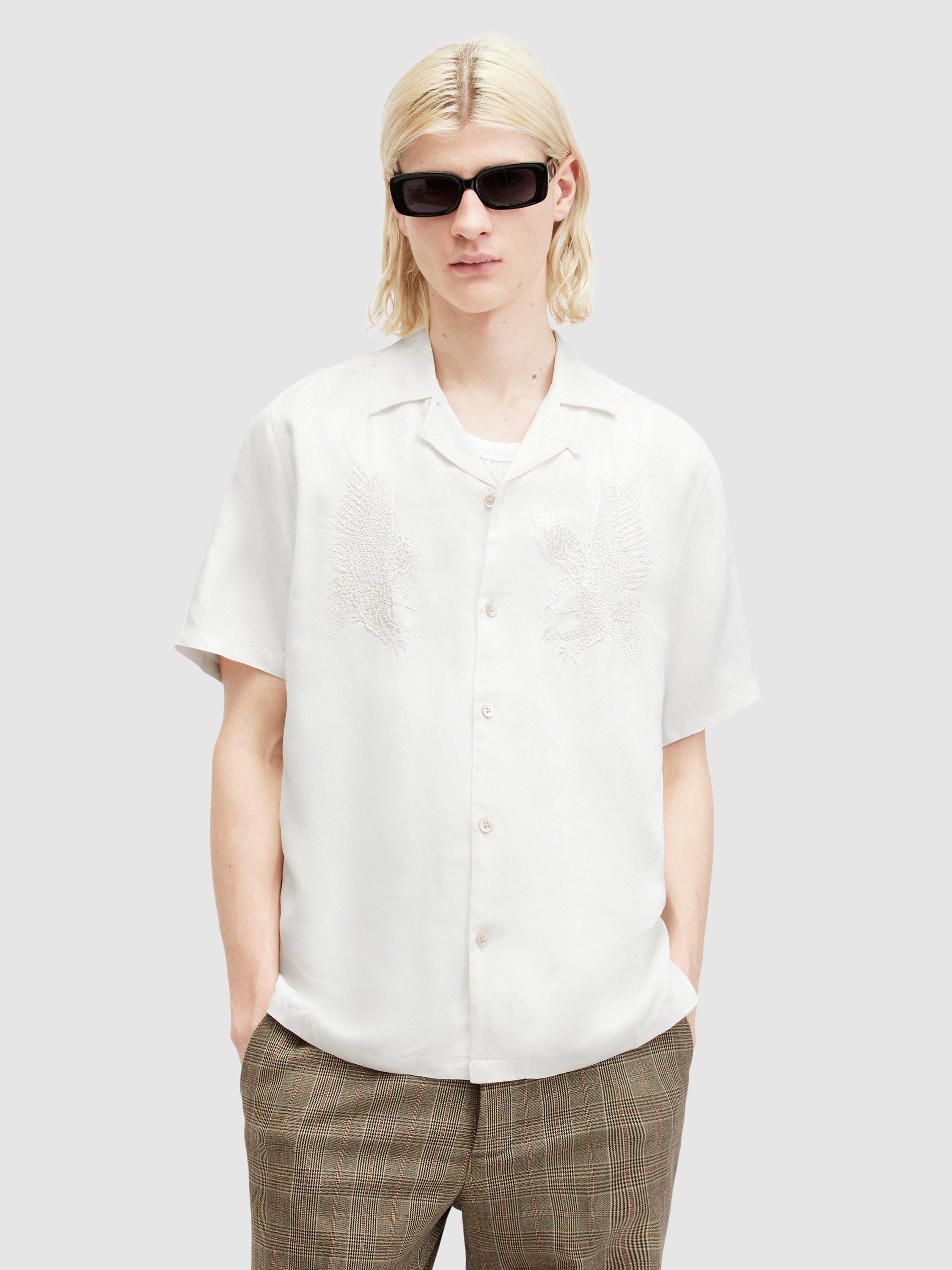 AllSaints Aquila Eagle Embroidered Relaxed Fit Satin Shirt, Avalon White