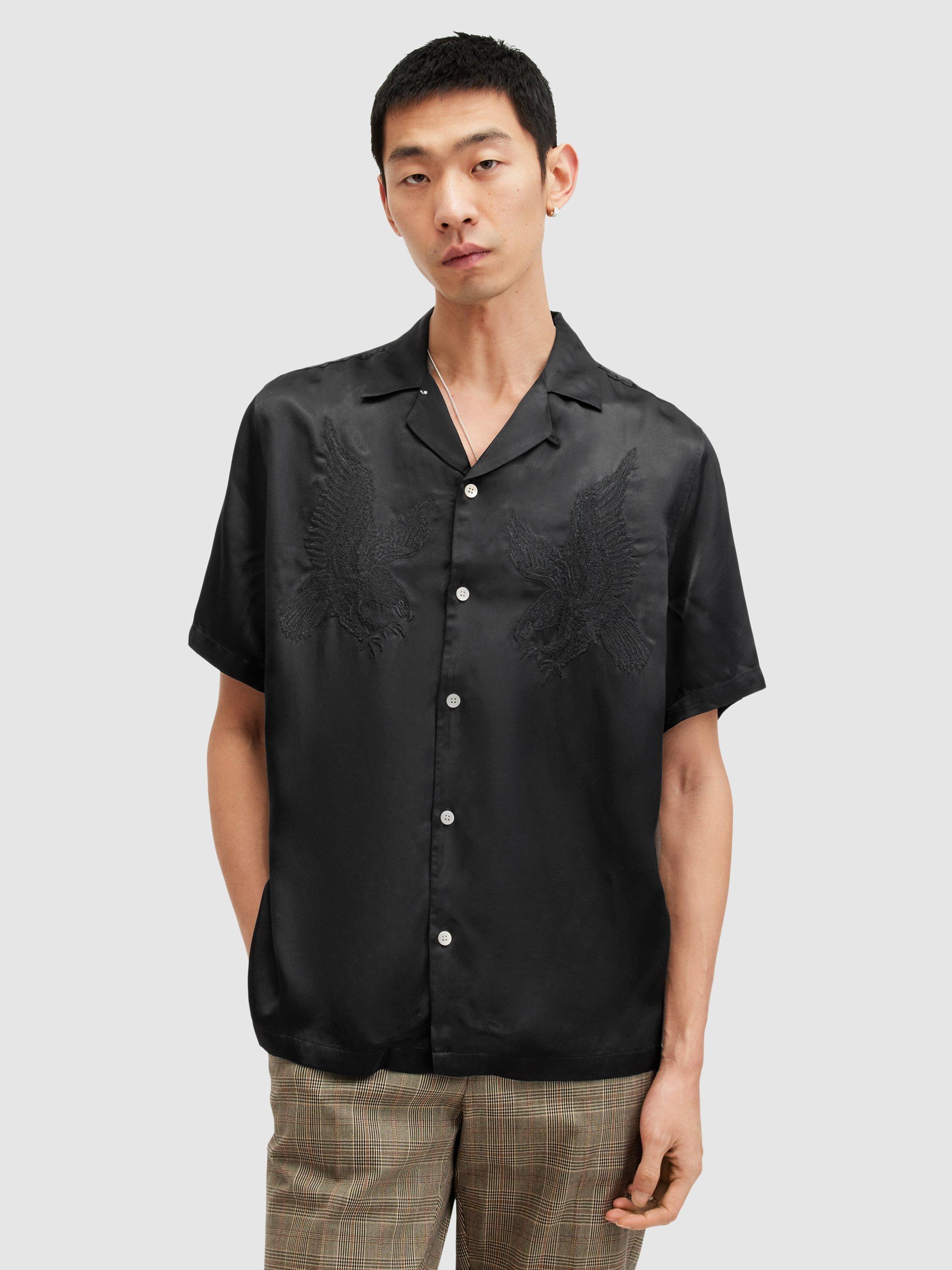 AllSaints Aquila Eagle Embroidered Relaxed Fit Satin Shirt, Jet Black
