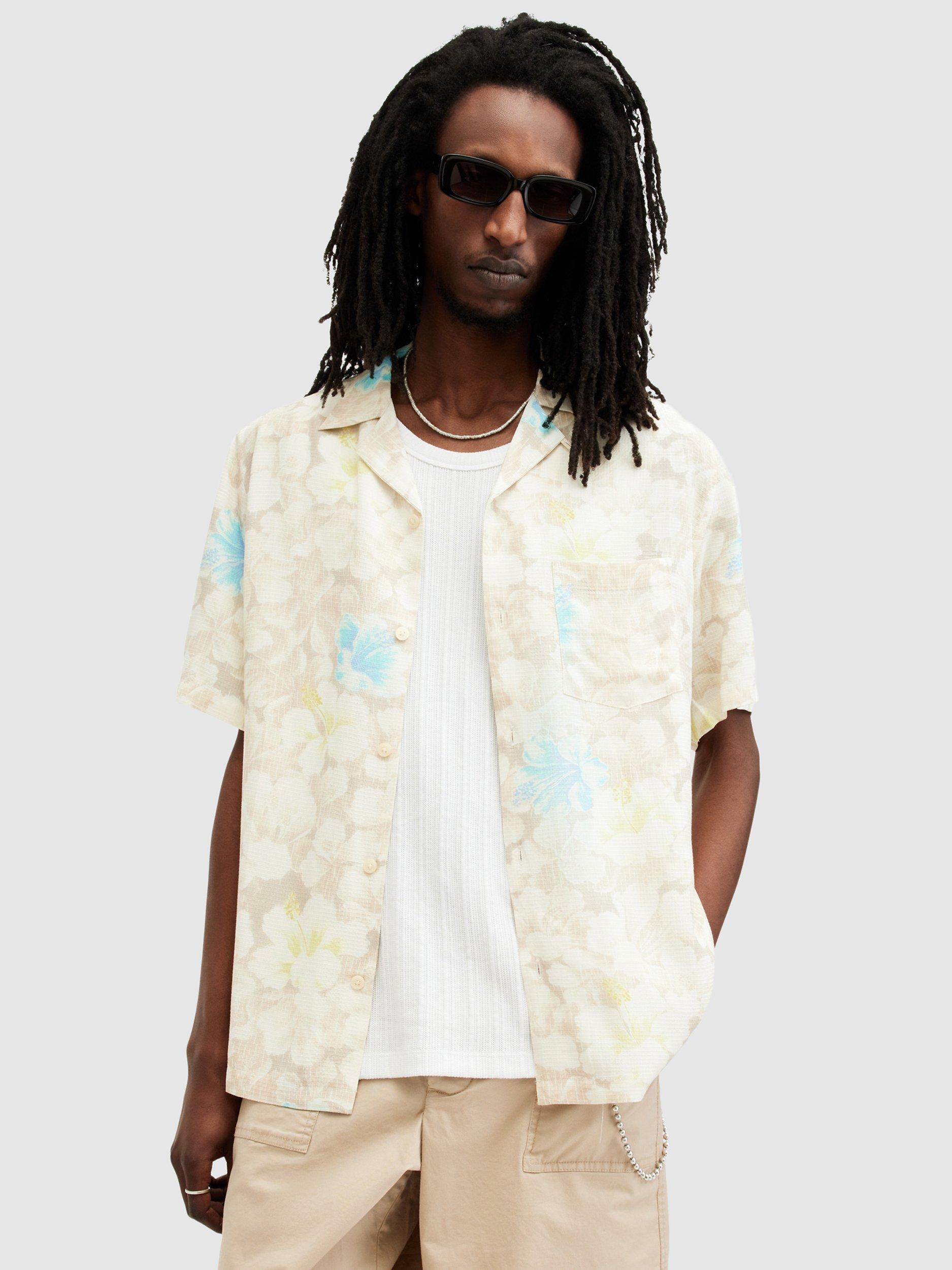 AllSaints Nevada Floral Print Short Sleeve Shirt, Wicker White/Multi