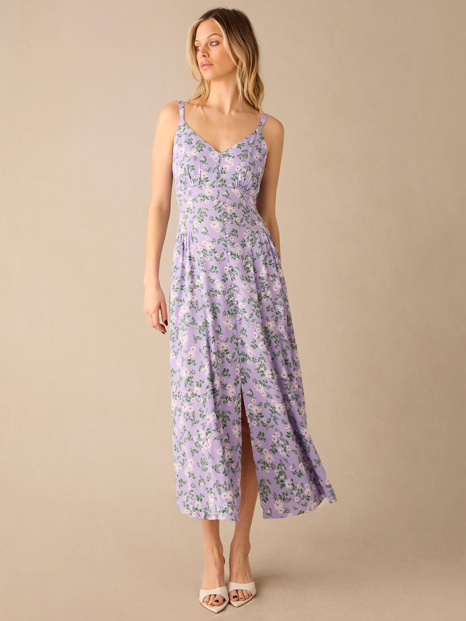 Ro&Zo Ditsy Print Strappy Button Through Maxi Dress, Purple/Multi