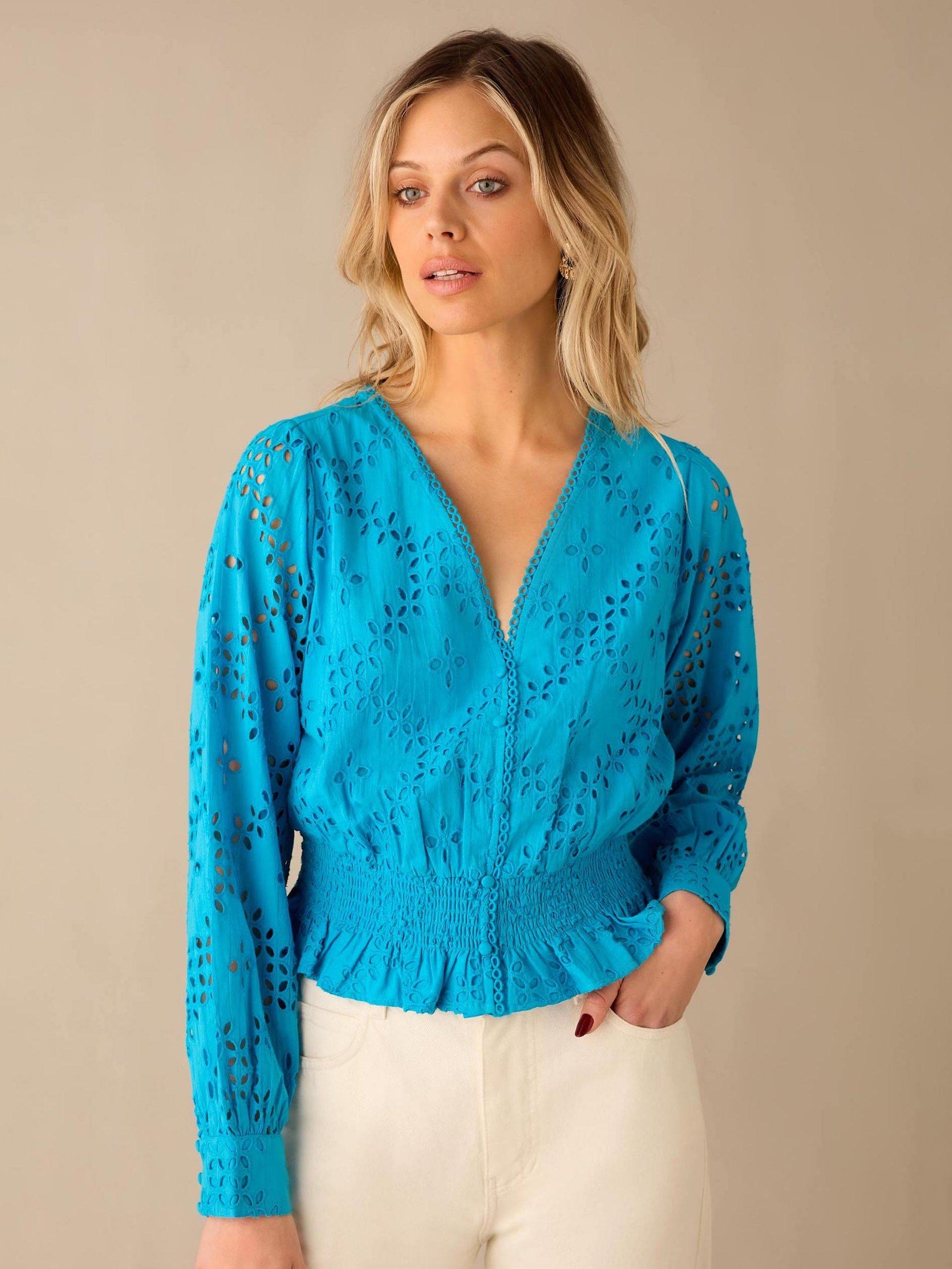 Product image 3 of 6, which shows Ro&Zo Broderie Shirred Waist Blouse, Blue, 6