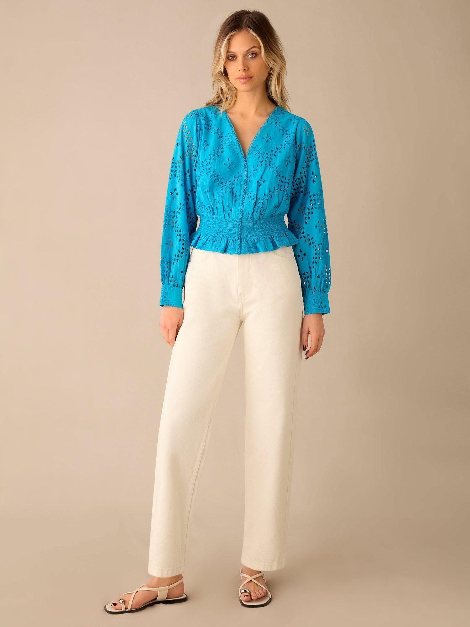 Product image 4 of 6, which shows Ro&Zo Broderie Shirred Waist Blouse, Blue, 6