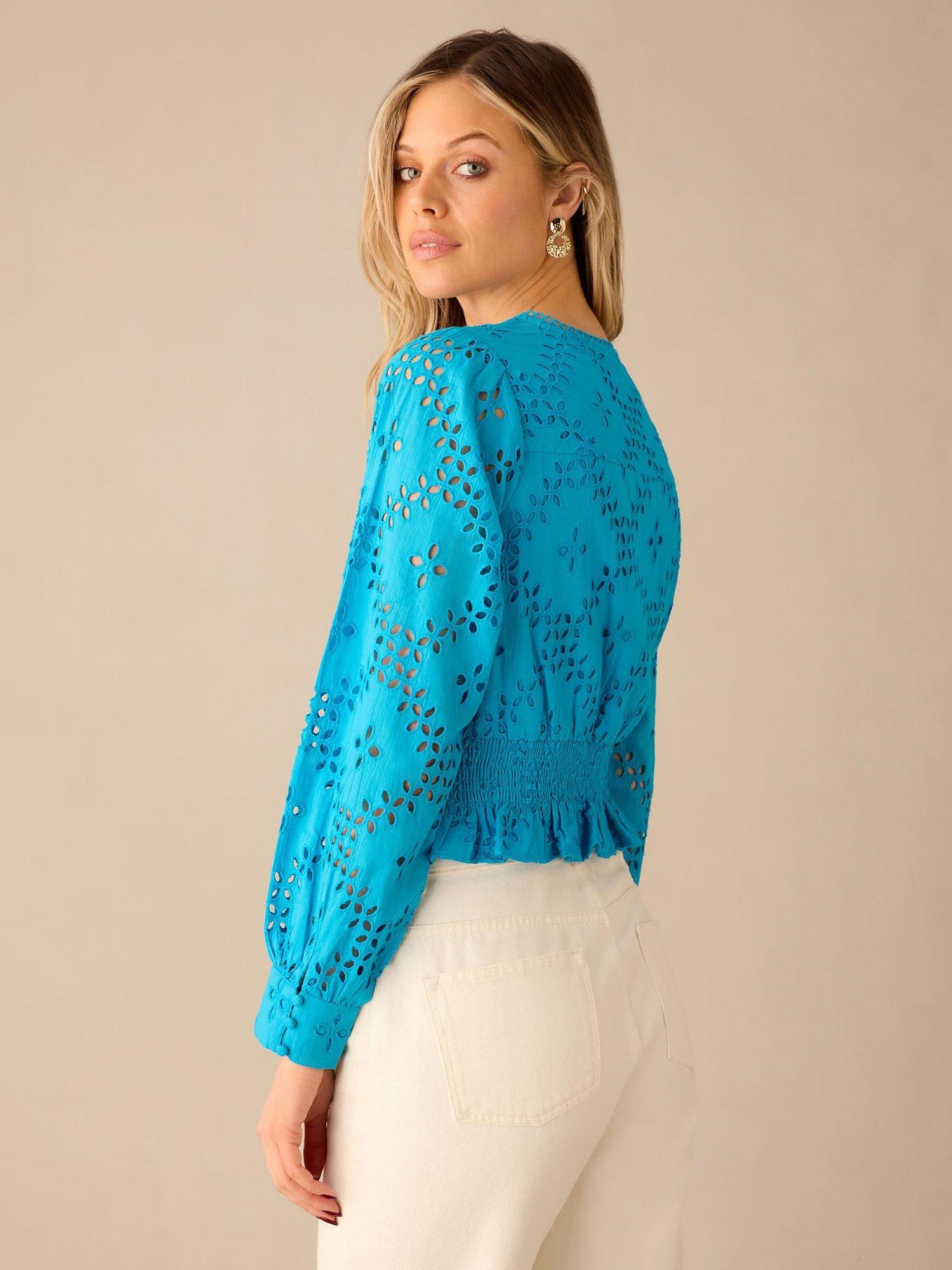 Product image 6 of 6, which shows Ro&Zo Broderie Shirred Waist Blouse, Blue, 6