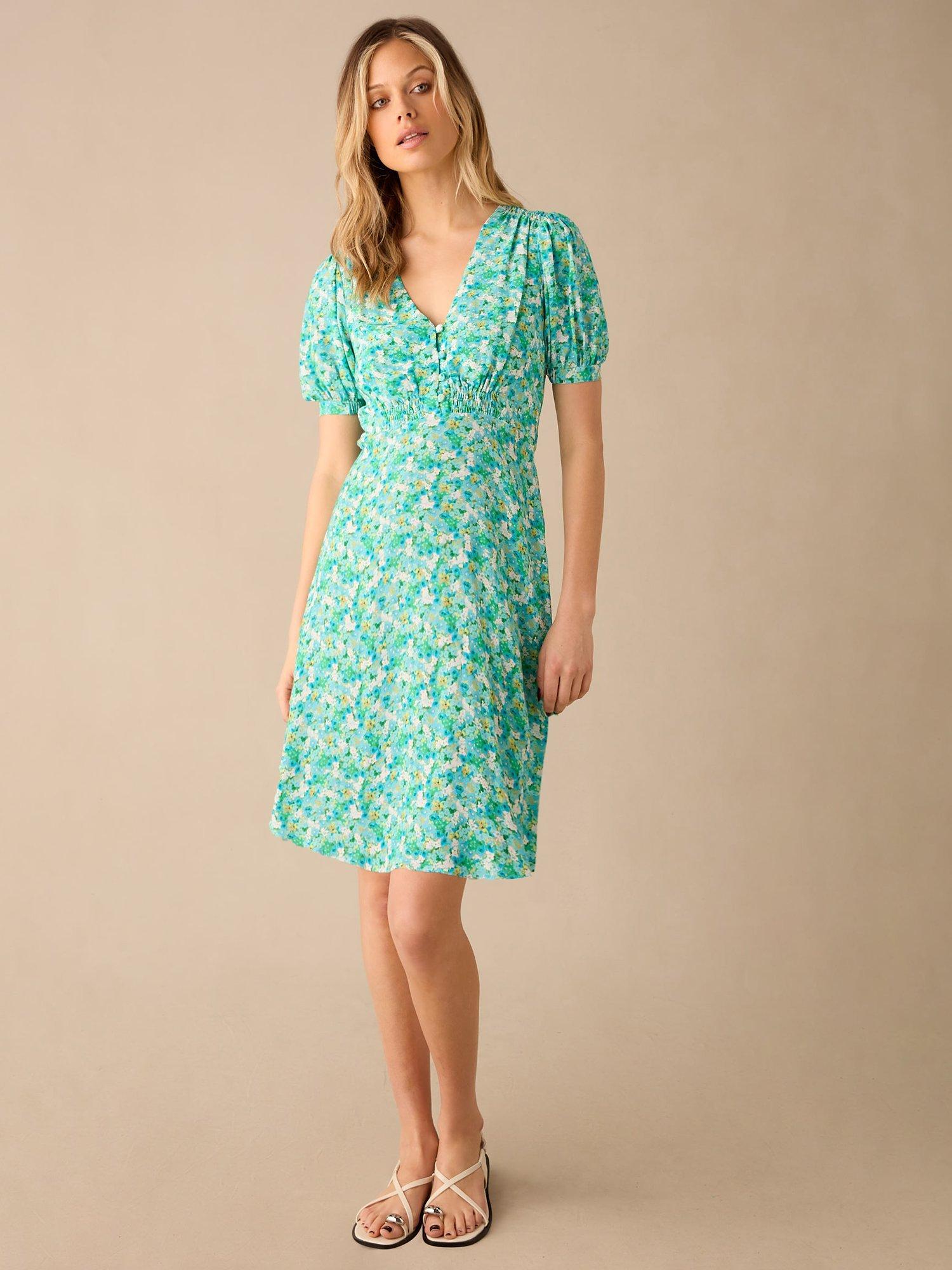 Product image 1 of 3, which shows Ro&Zo Ditsy Shirred Shoulder Mini Dress, Green, 18