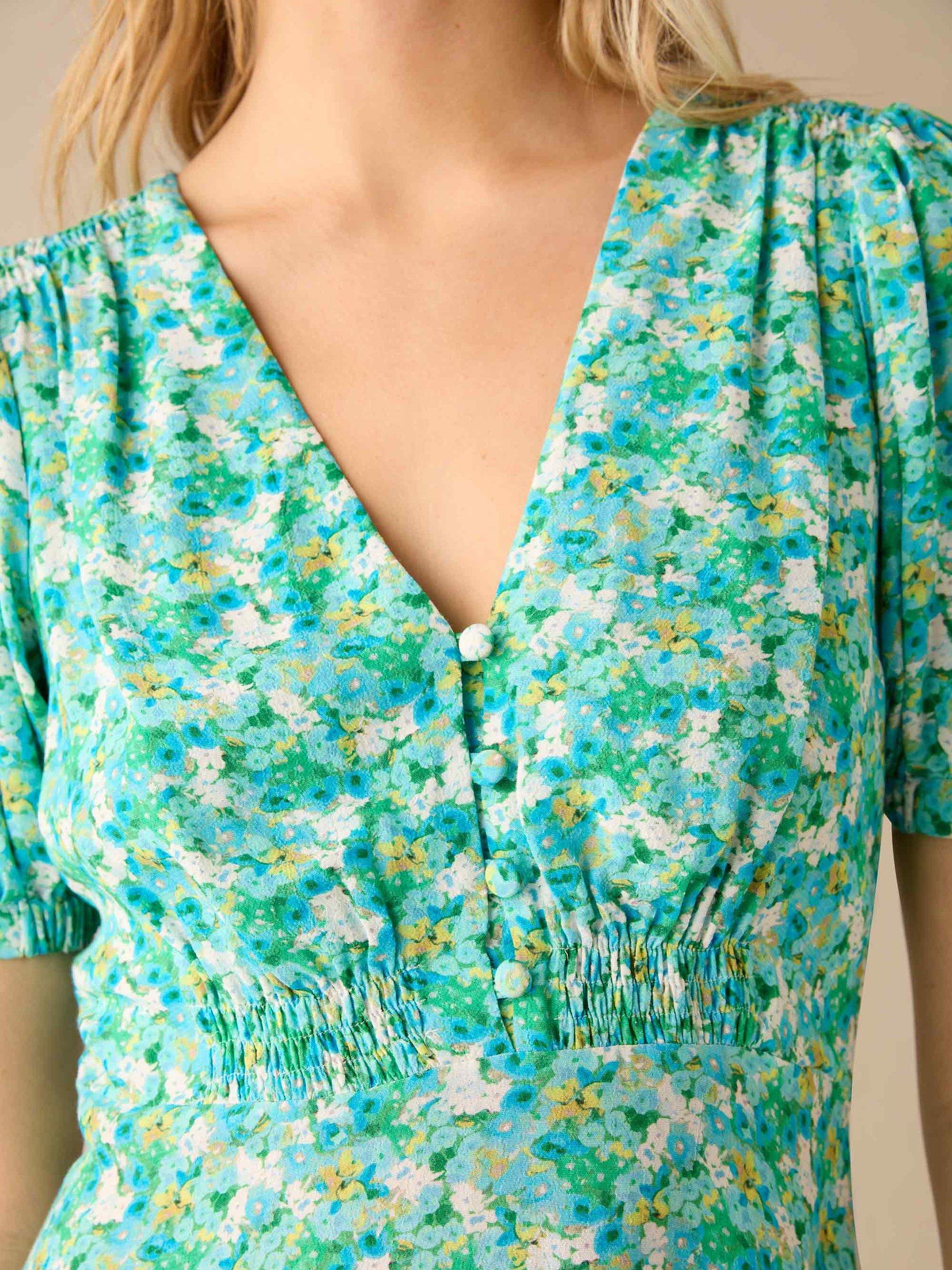 Product image 2 of 3, which shows Ro&Zo Ditsy Shirred Shoulder Mini Dress, Green, 18