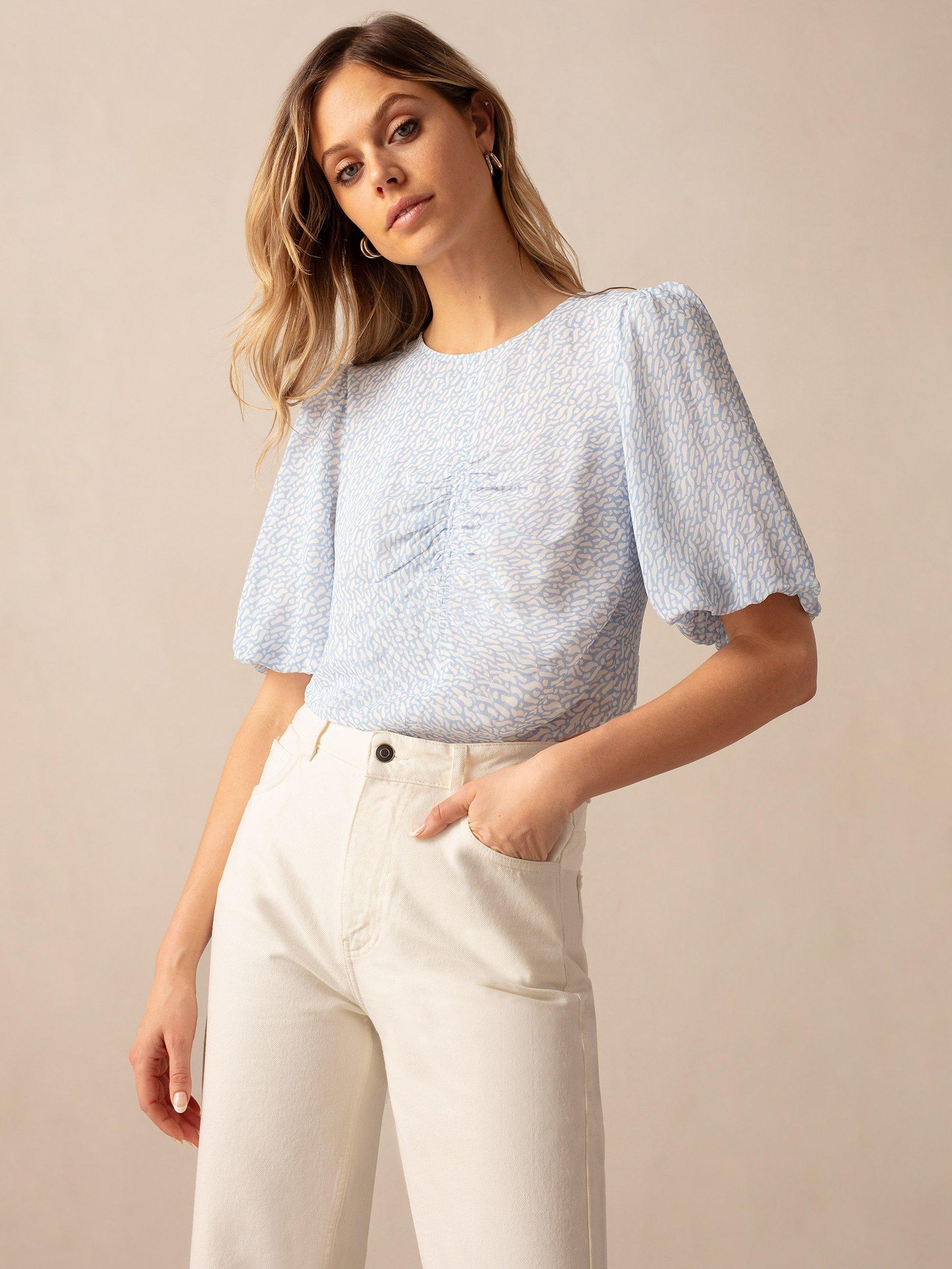 Product image 1 of 5, which shows Ro&Zo Squiggle Print Ruched Front Top, Blue, 6