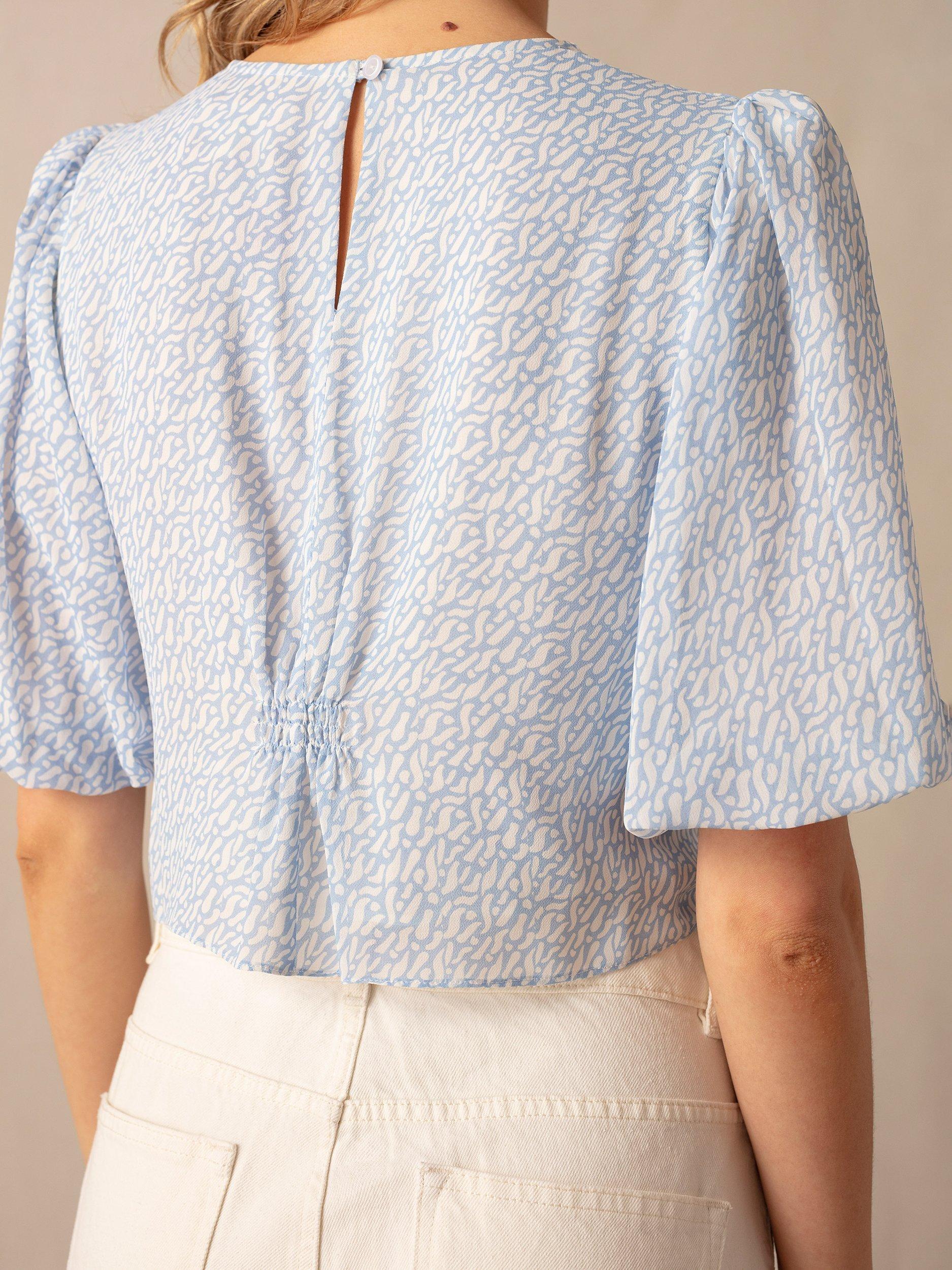 Product image 3 of 5, which shows Ro&Zo Squiggle Print Ruched Front Top, Blue, 6