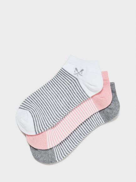 Crew Clothing Striped Bamboo Trainer Socks, Pack of 3, Oatmeal/Pink/Grey, Oatmeal/Pink/Grey