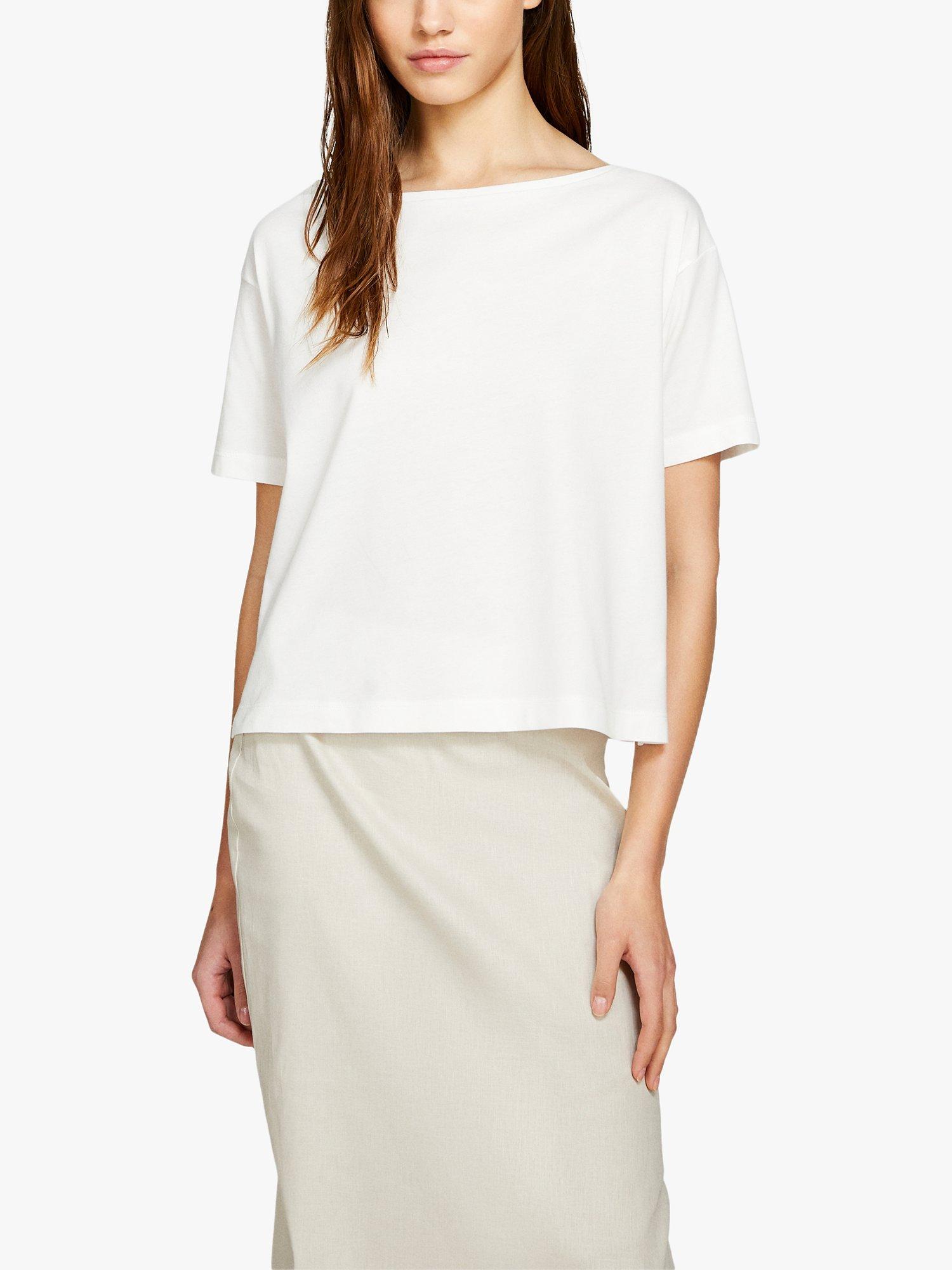 SISLEY Boxy Fit Cropped Boat Neck T-Shirt, White