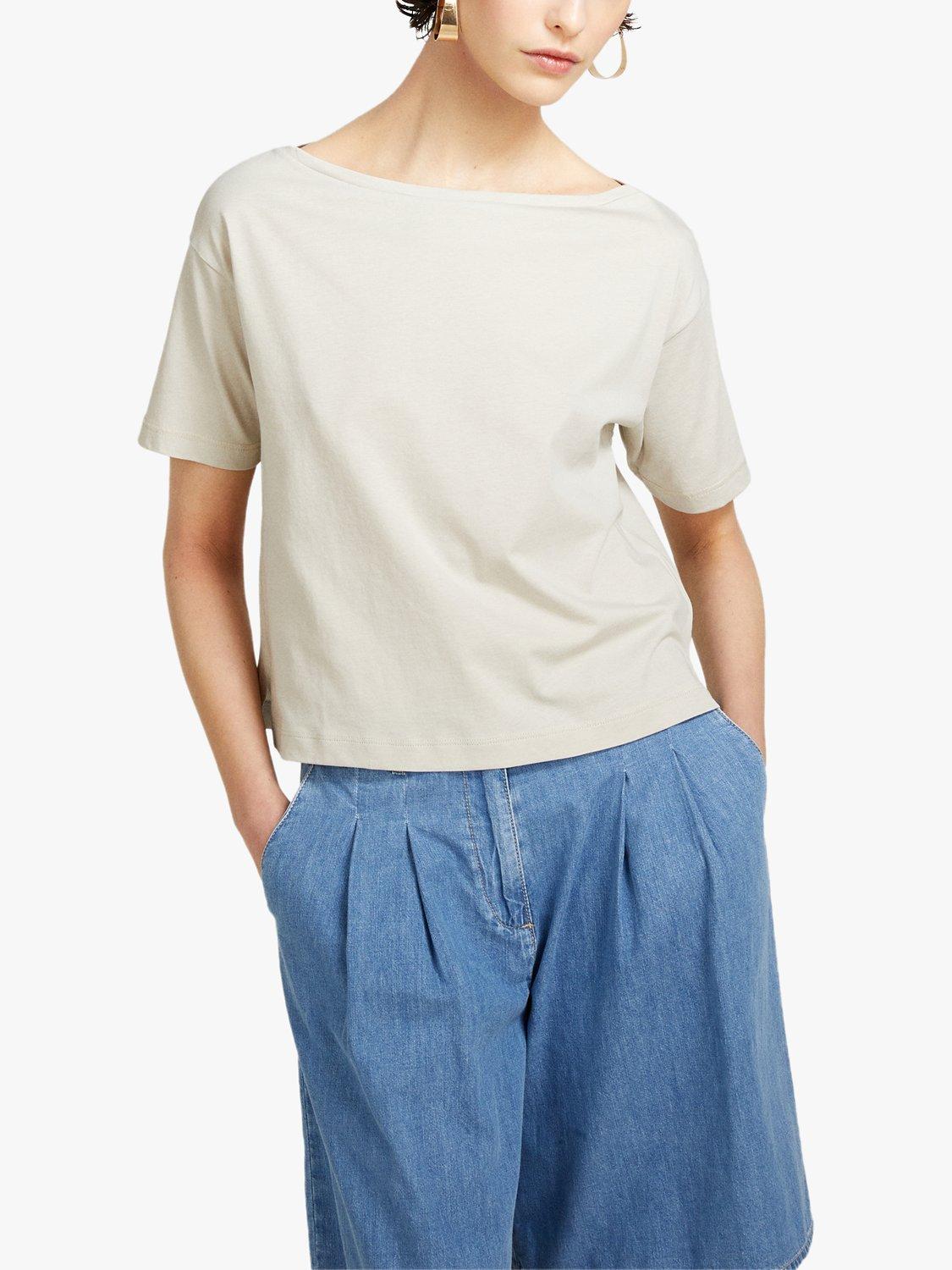 SISLEY Boxy Fit Cropped Boat Neck T-Shirt, Beige