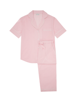 myza Striped Organic Cotton Short Sleeve Pyjama Trouser Set, Pink/White