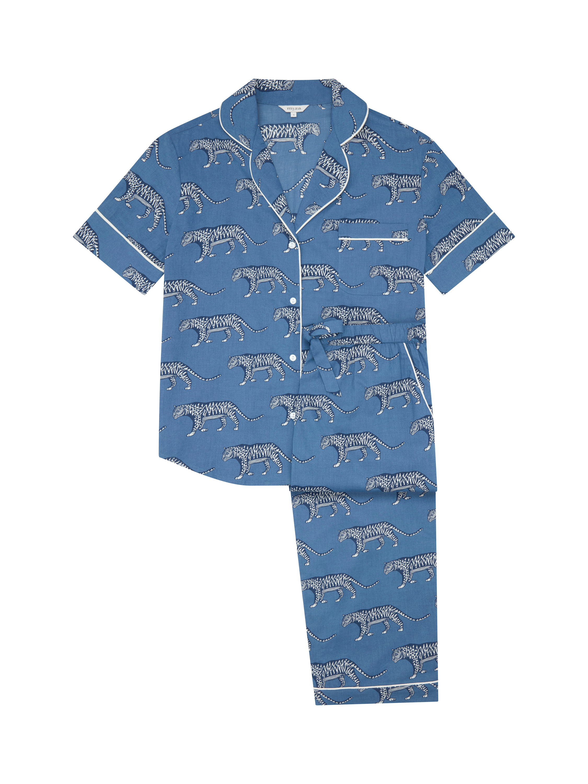 Product image 1 of 1, which shows myza Lovely Leopard Organic Cotton Short Sleeve Pyjamas, Blue, XS