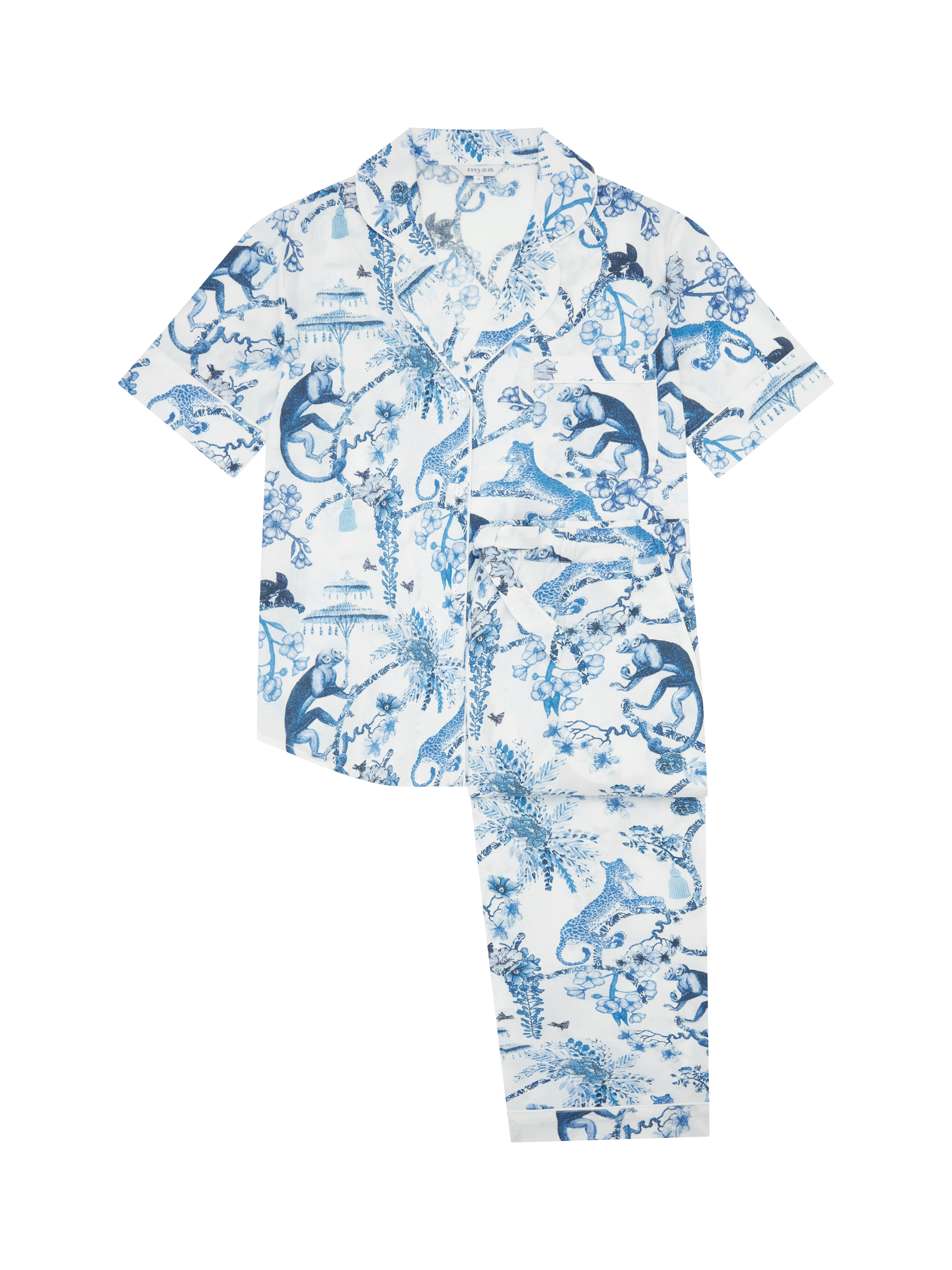 myza Organic Cotton Chinoiserie Whimsy Print Short Sleeve Shirt Long Pyjamas White Blue