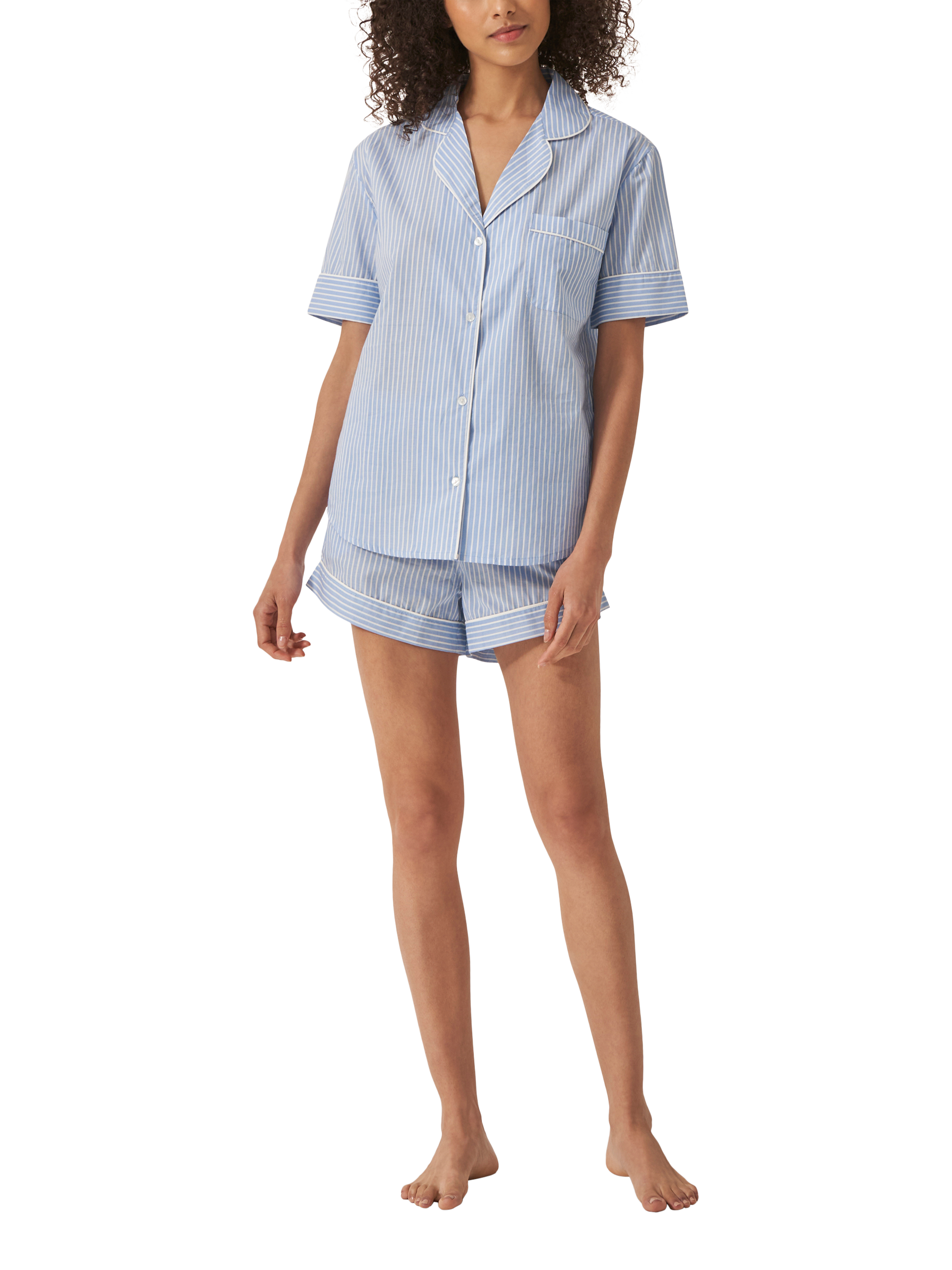 Product image 1 of 1, which shows myza Striped Organic Cotton Short Sleeve Pyjama Trouser Set, Blue/White, XS
