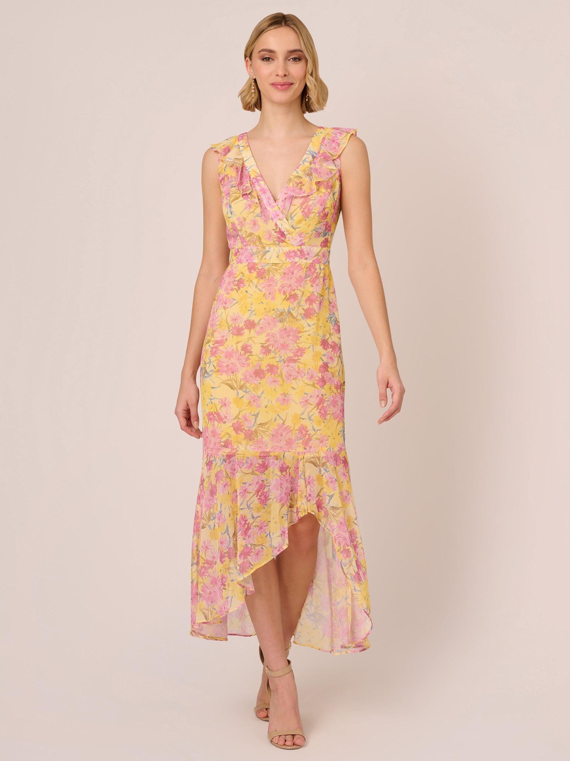 Adrianna Papell Floral Print Ruffle Detail Maxi Dress, Yellow/Multi