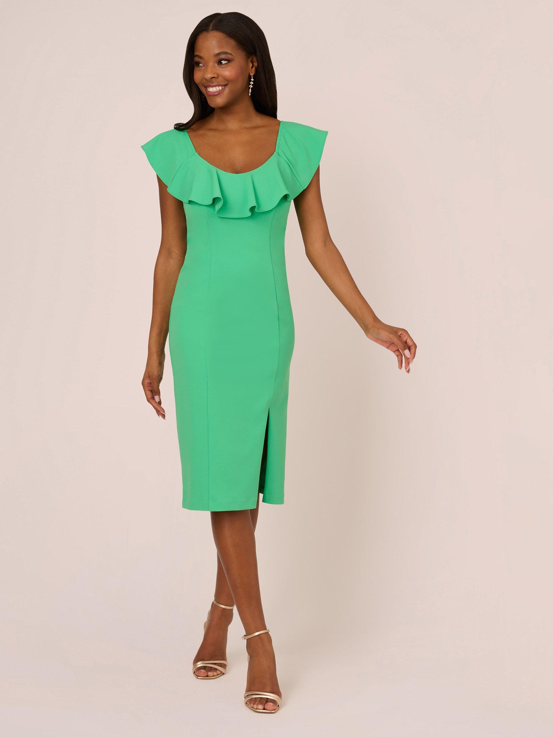 Adrianna Papell Knit Crepe Ruffle Neck Dress Flora Green