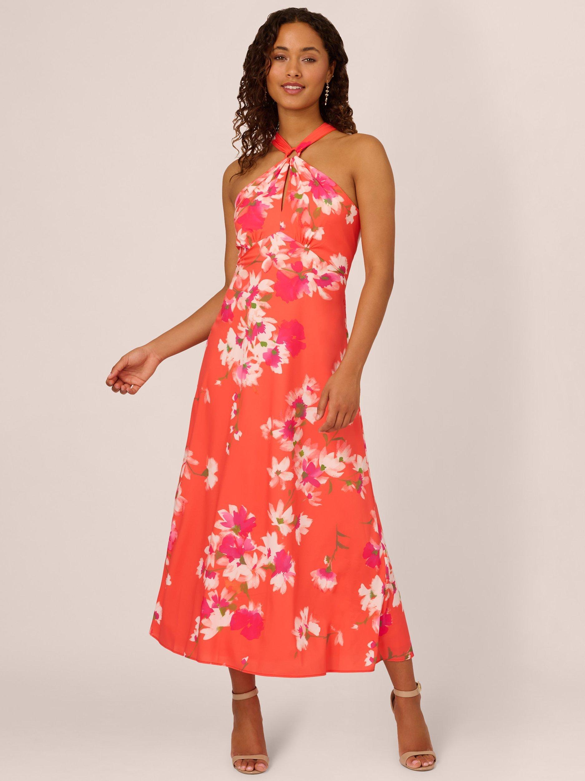 Adrianna Papell Empire Line Halterneck Midi Dress, Orange/Multi