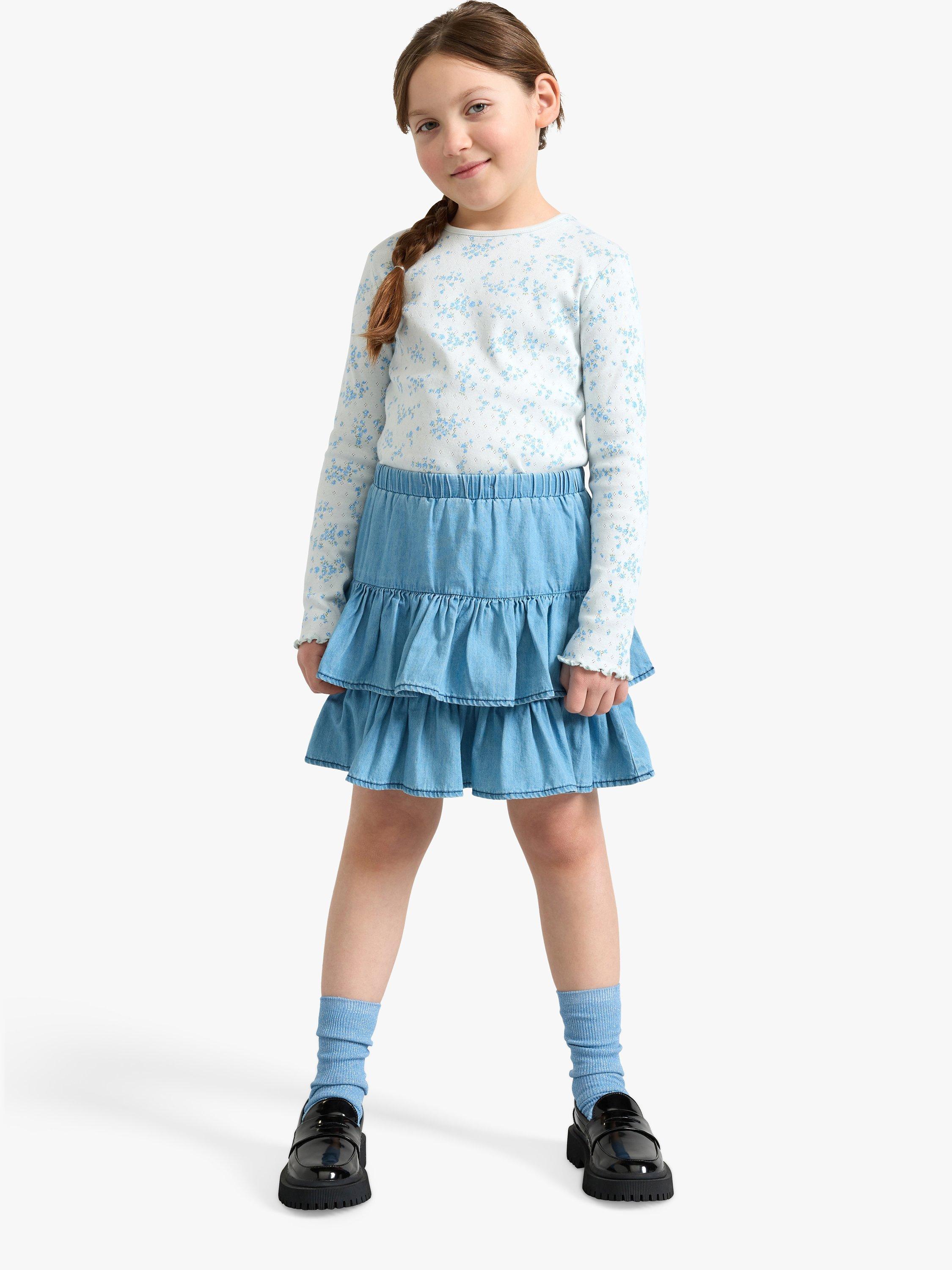 Product image 3 of 7, which shows Lindex Kids' Organic Cotton Soft Denim Flounce Skirt, Blue Denim, 5-6 years