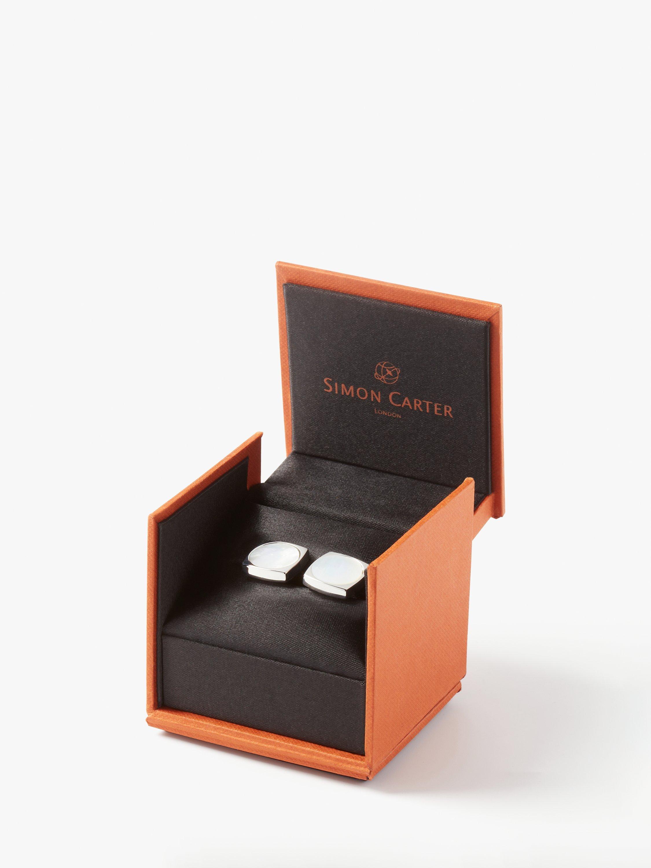 Product image 2 of 3, which shows Simon Carter Large Sodalite Cufflinks, Natural White, Mother of Pearl