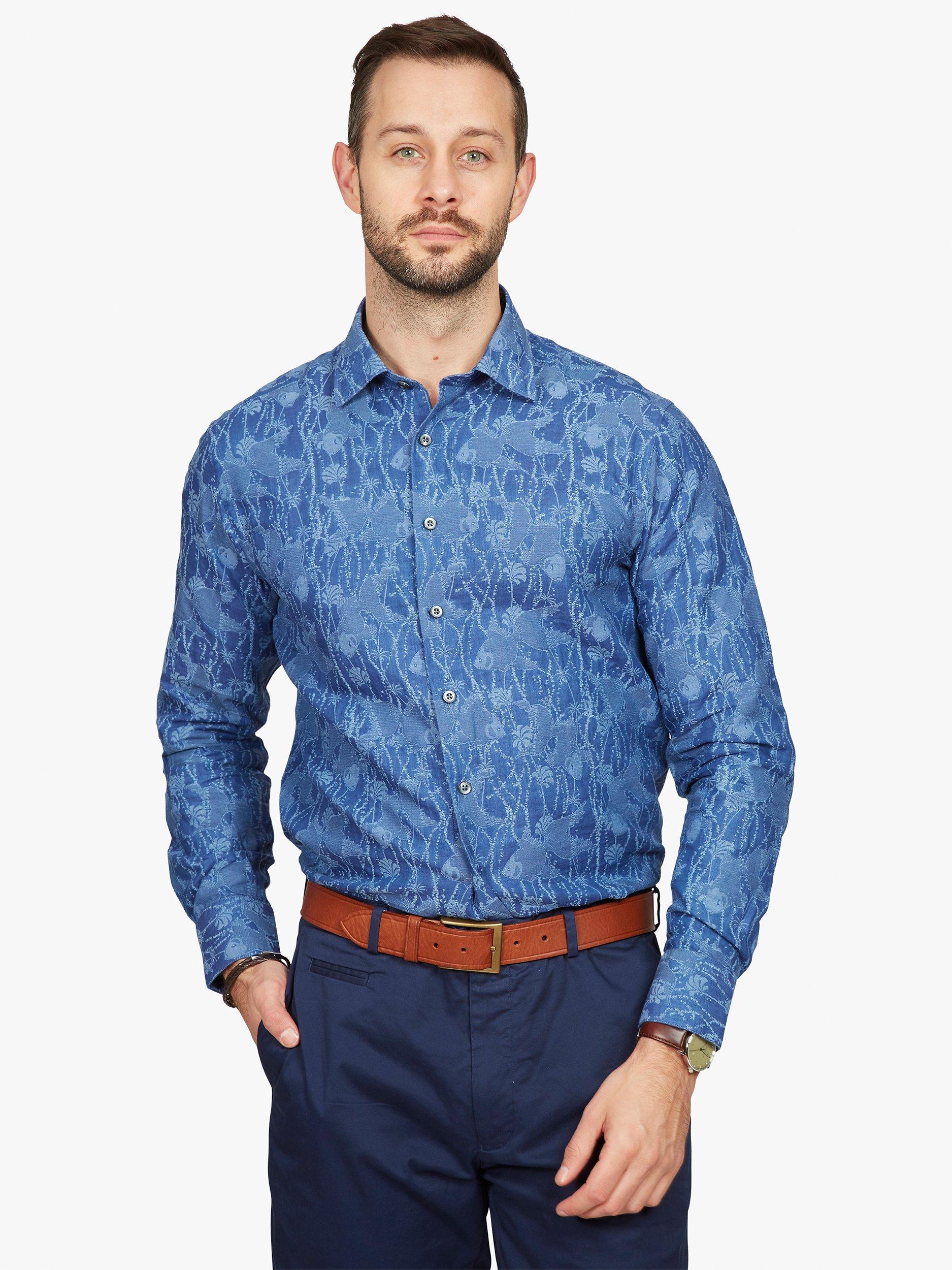 Simon Carter Fish Jacquard Regular Fit Shirt, Indigo Blue, 15R