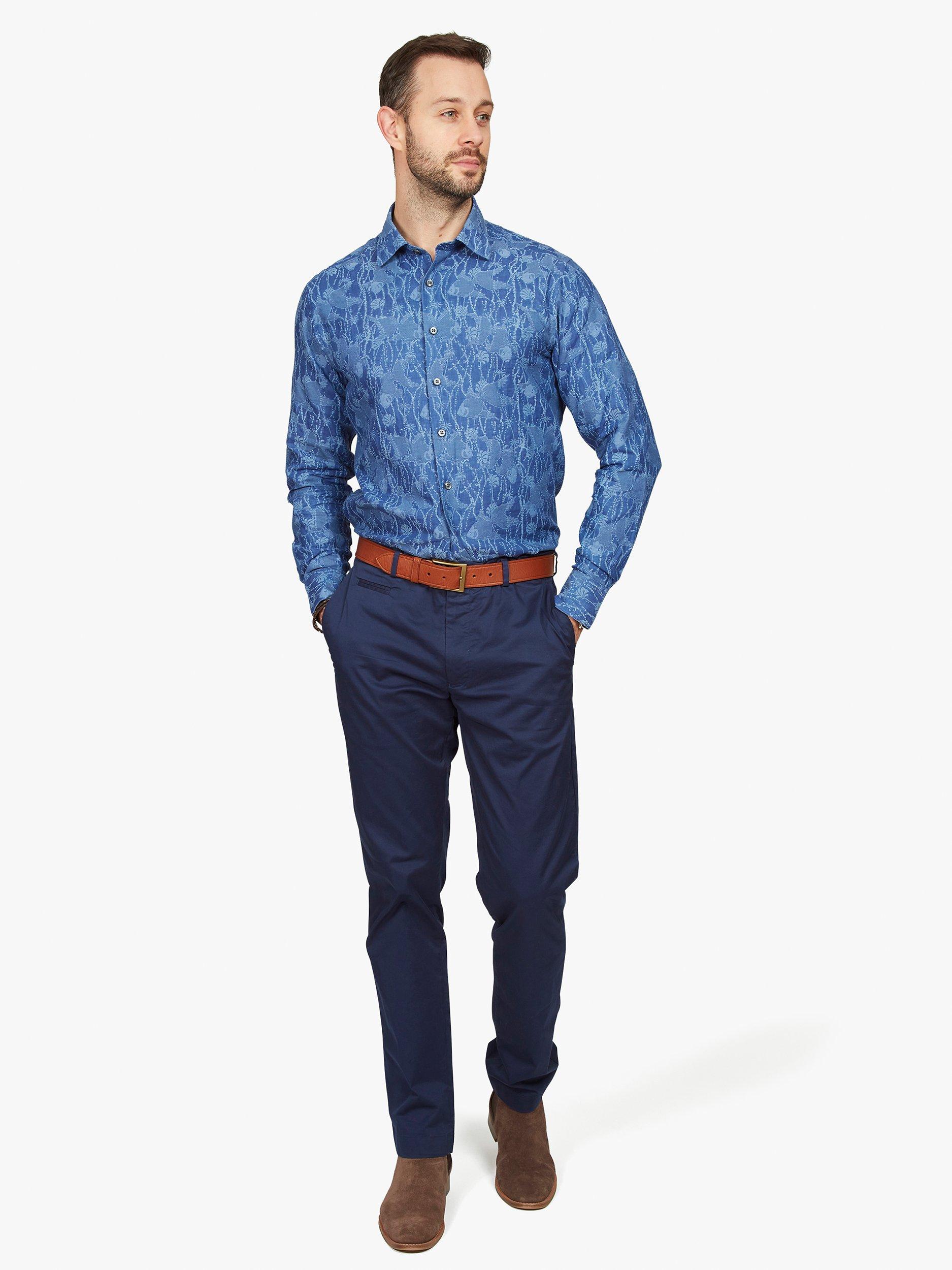 Simon Carter Fish Jacquard Regular Fit Shirt, Indigo Blue, 15R