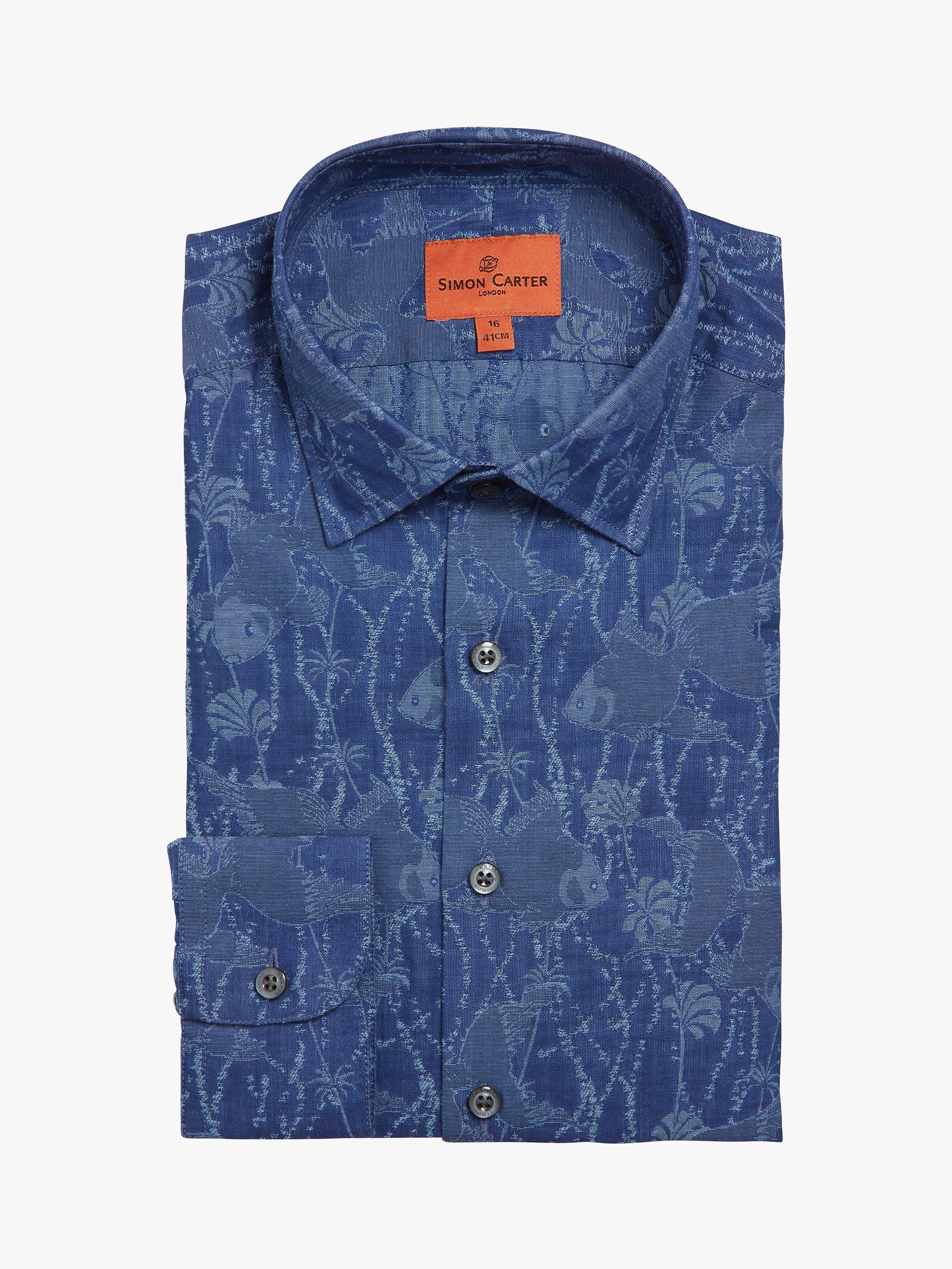 Simon Carter Fish Jacquard Regular Fit Shirt, Indigo Blue, 15R