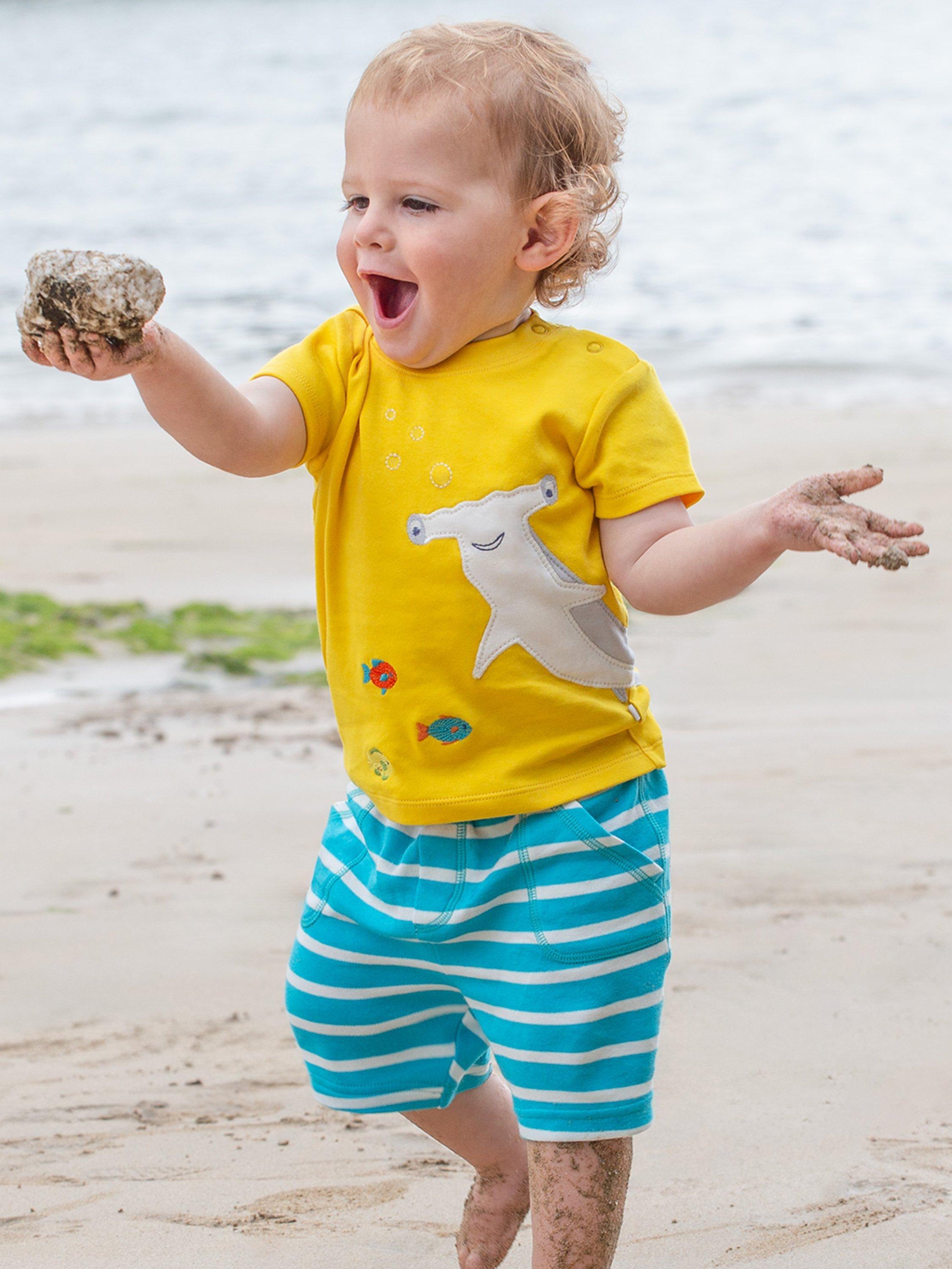 Frugi Baby Organic Cotton Jaime Shark Applique T-Shirt, Dandelion